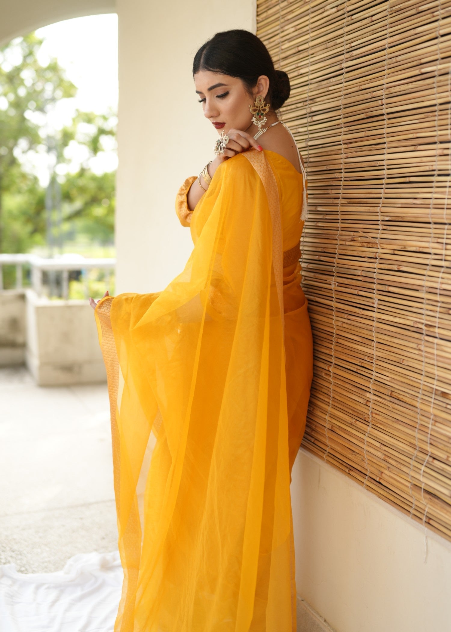 zari organza Saree in Mari gold
