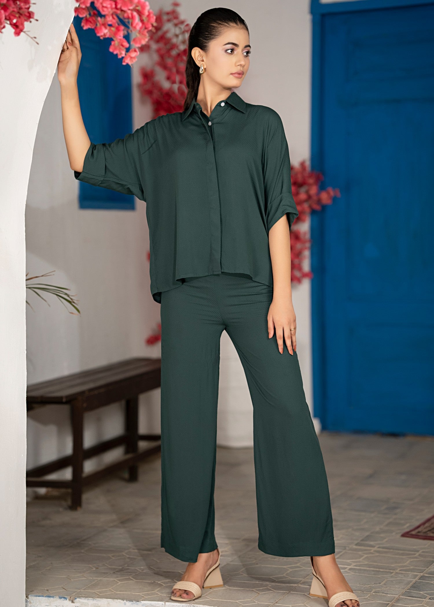 cotton linen Co Ord Sets in Bottle green