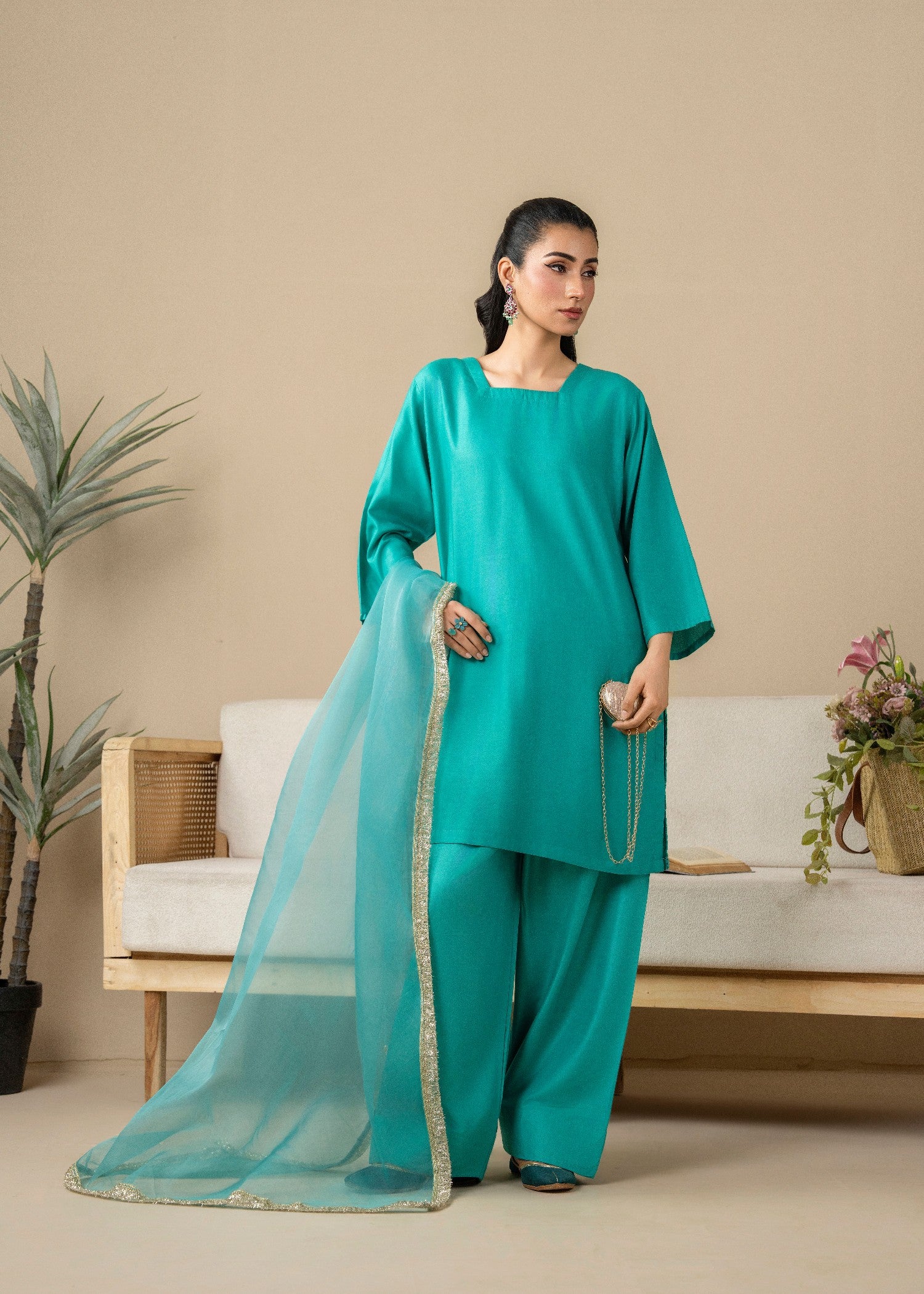linen Kurta Set in Parrot green