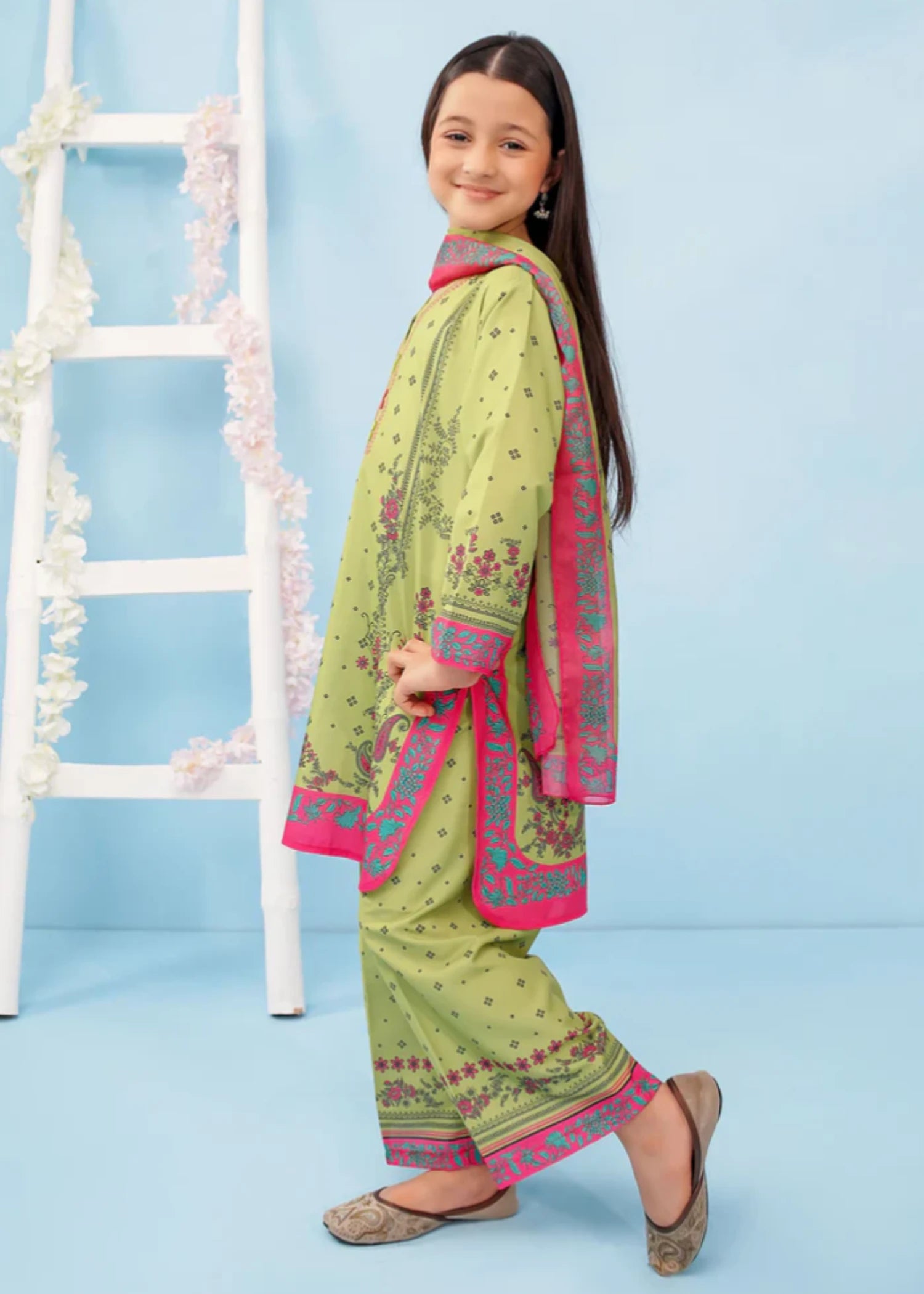 poly lawn Kurta Set in Lime green