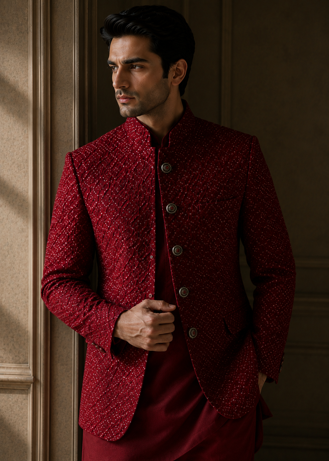 raw silk Prince Coat in Red, maroon