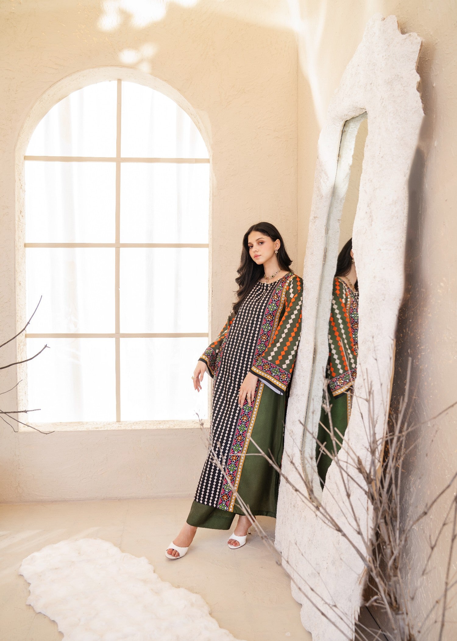 silk grip Kurta Set in Walnut brown, coral orange, olive green
