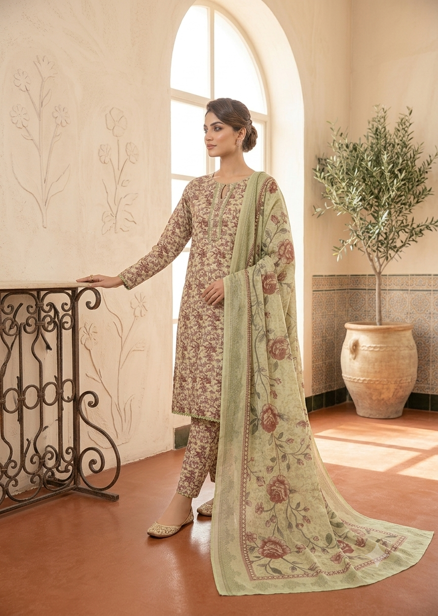 arabic lawn Kurta Set in Pistachio green