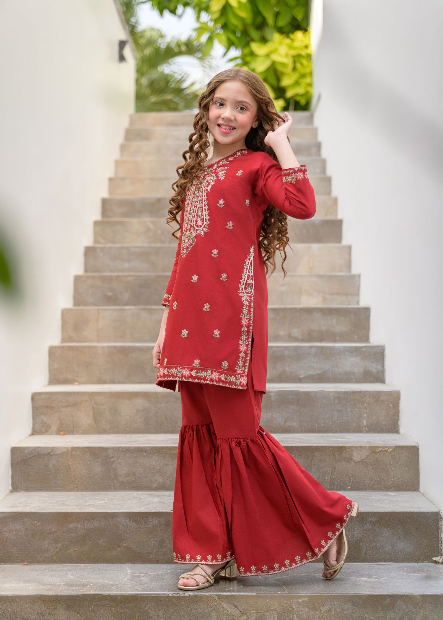 lawn Gharara in Red