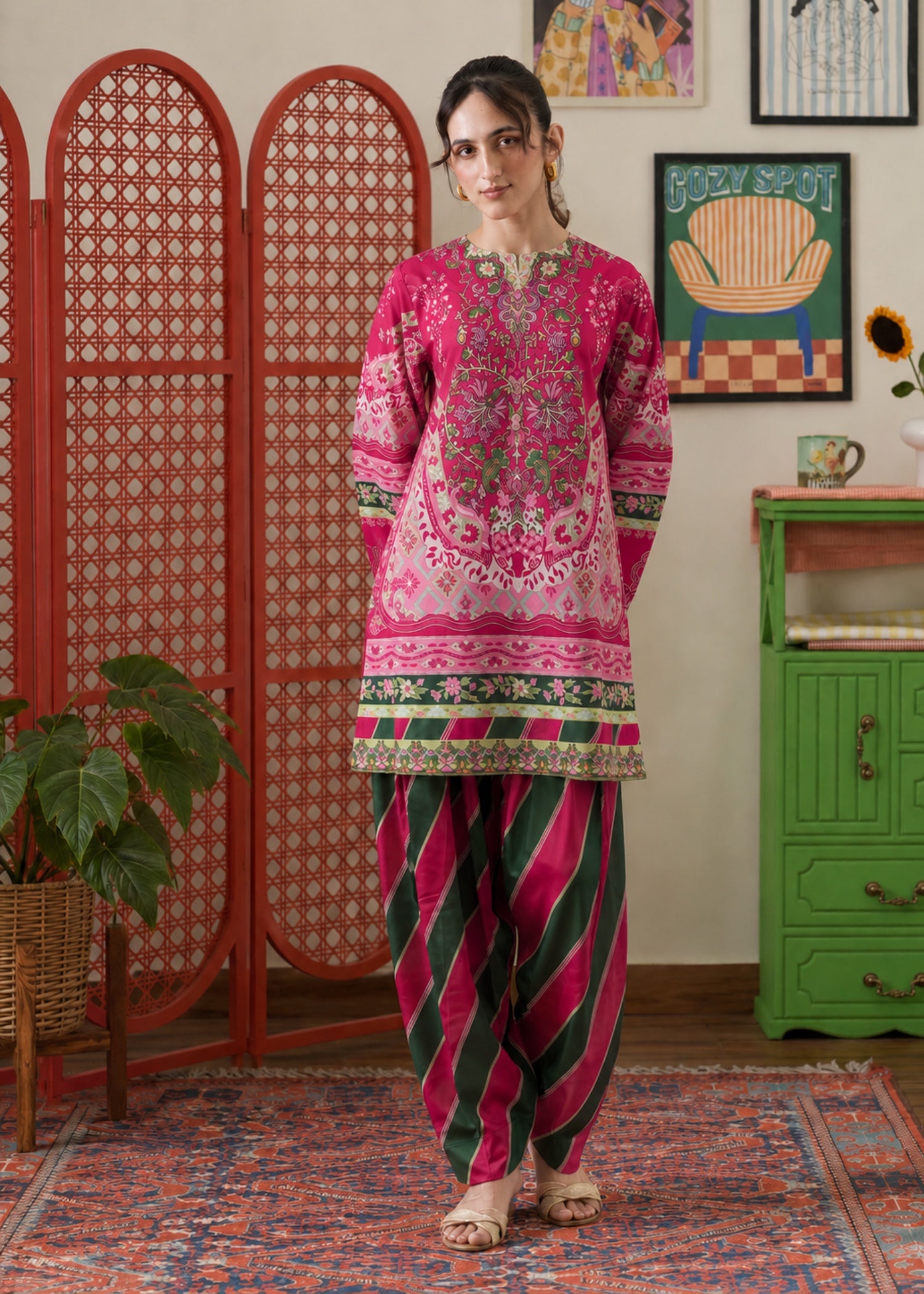 poly lawn Kurta Set in Shocking pink