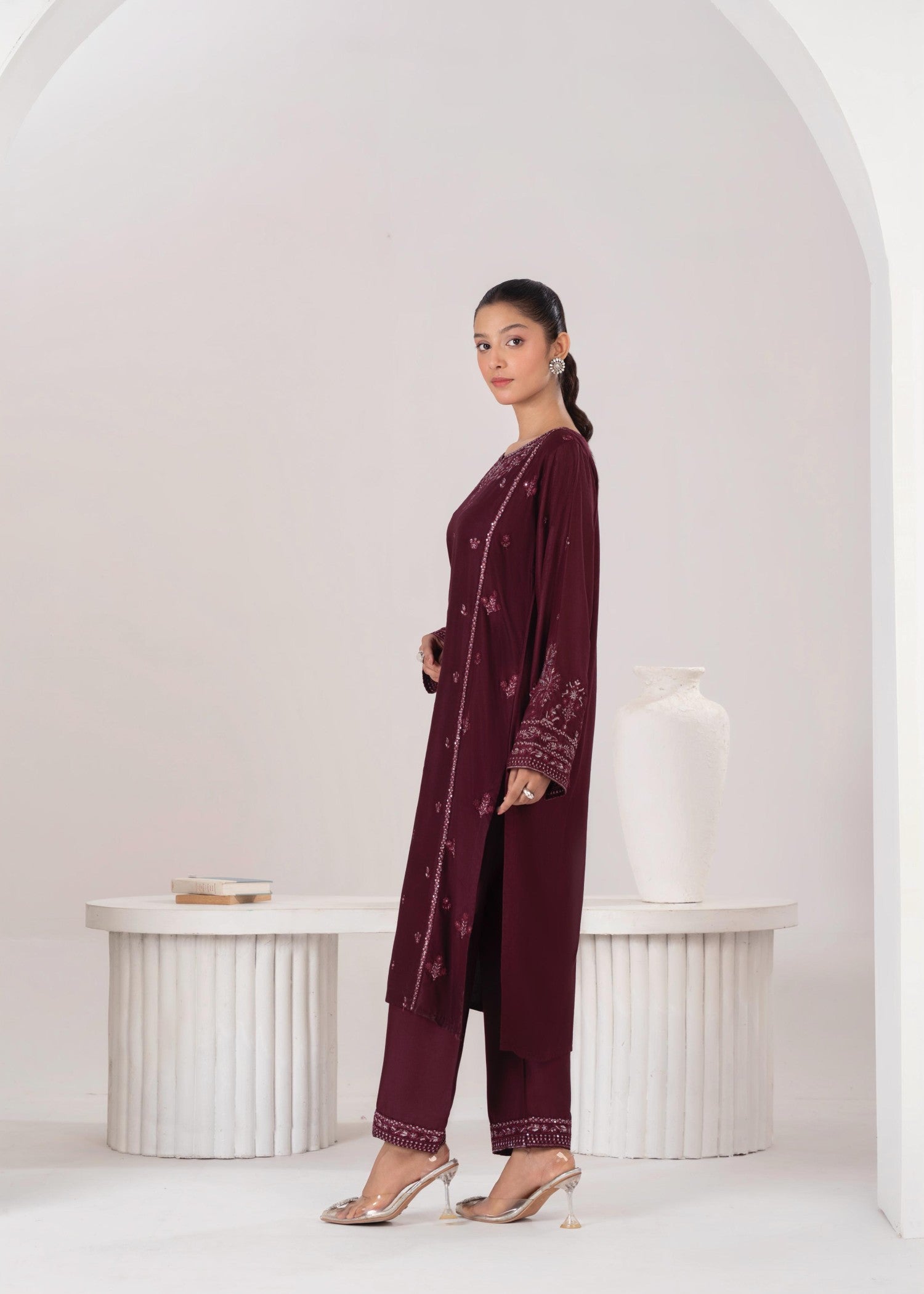 linen Kurta Set in Plum