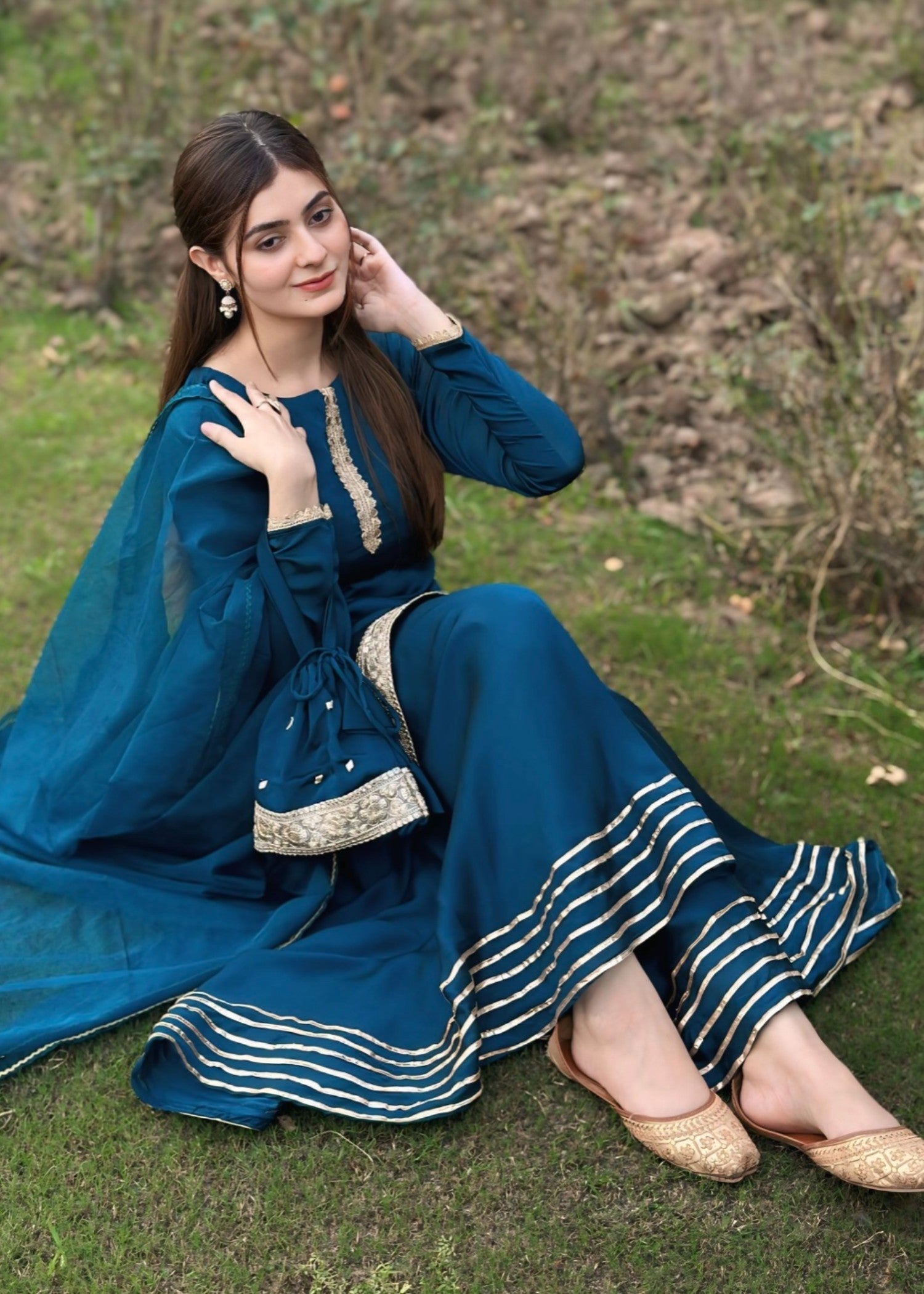 chiffon silk Sharara in Steel blue