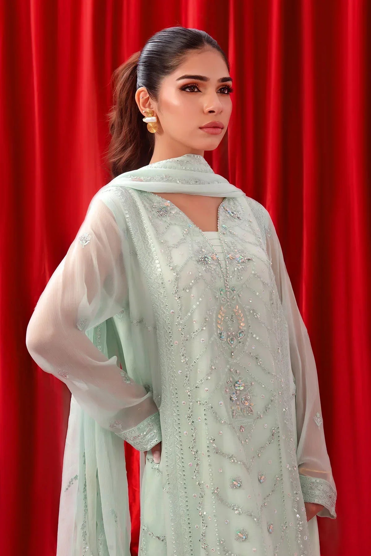 bemberg crinkle chiffon Kurta Set in Tea green