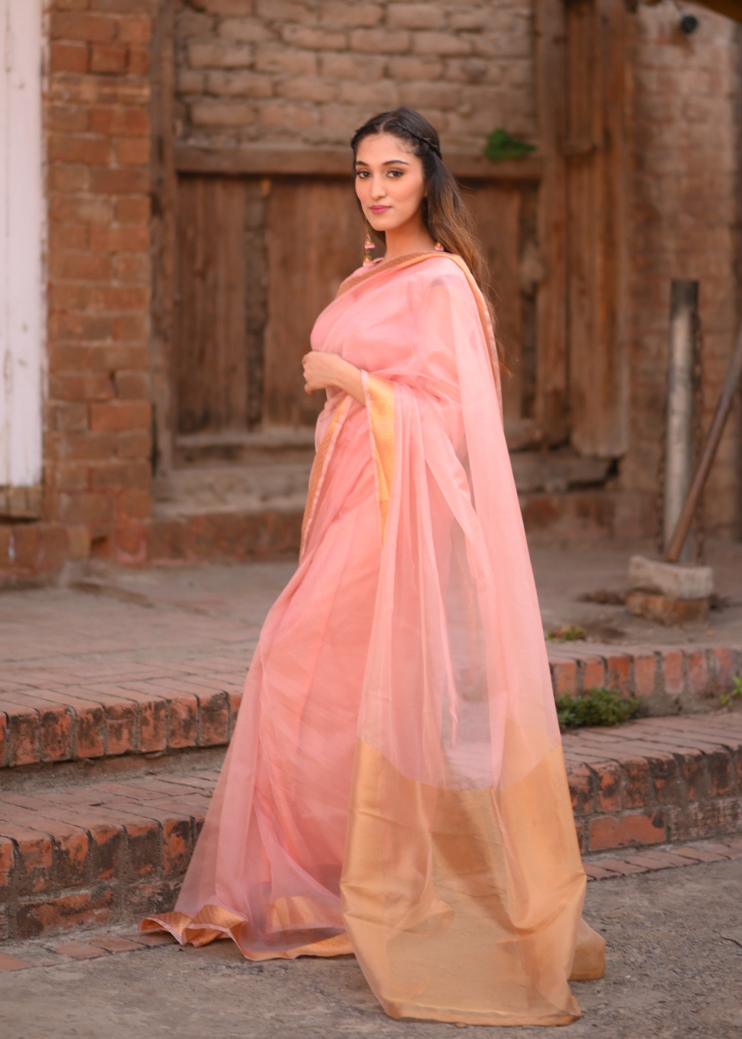 zari organza Saree in Blush pink