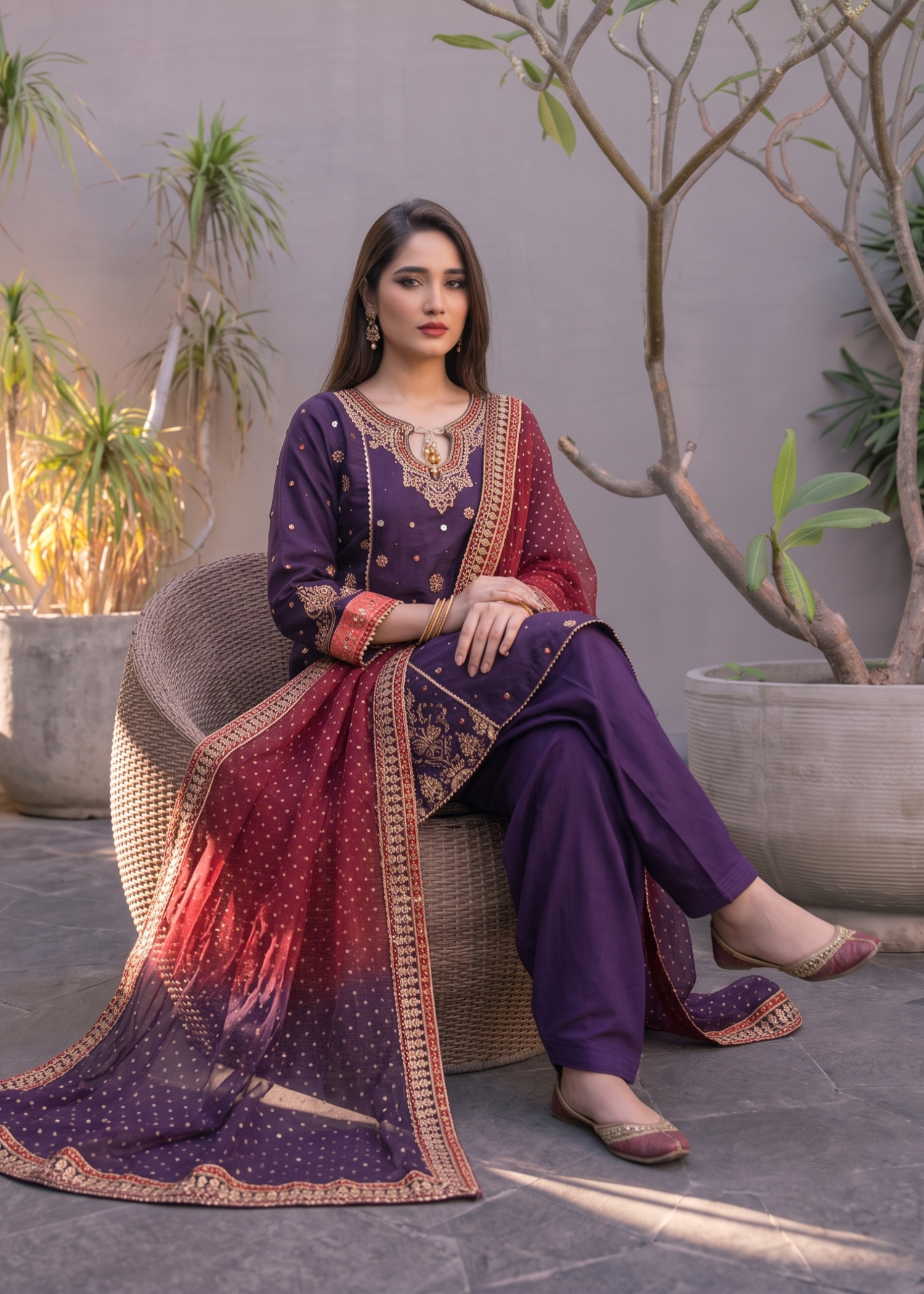 khaddi net Short Frock in Plum