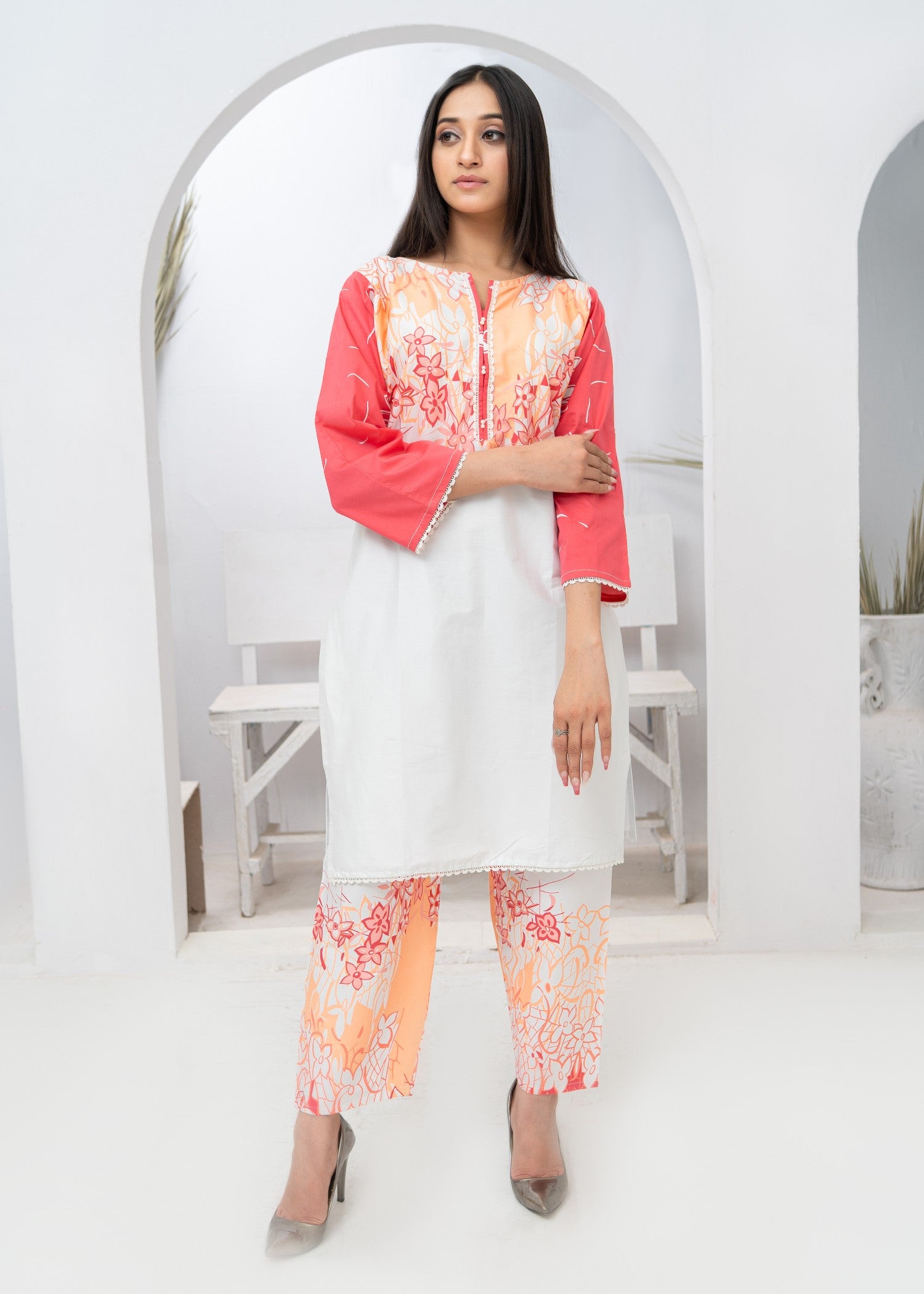 cotton Kurta Set in White, hot pink red