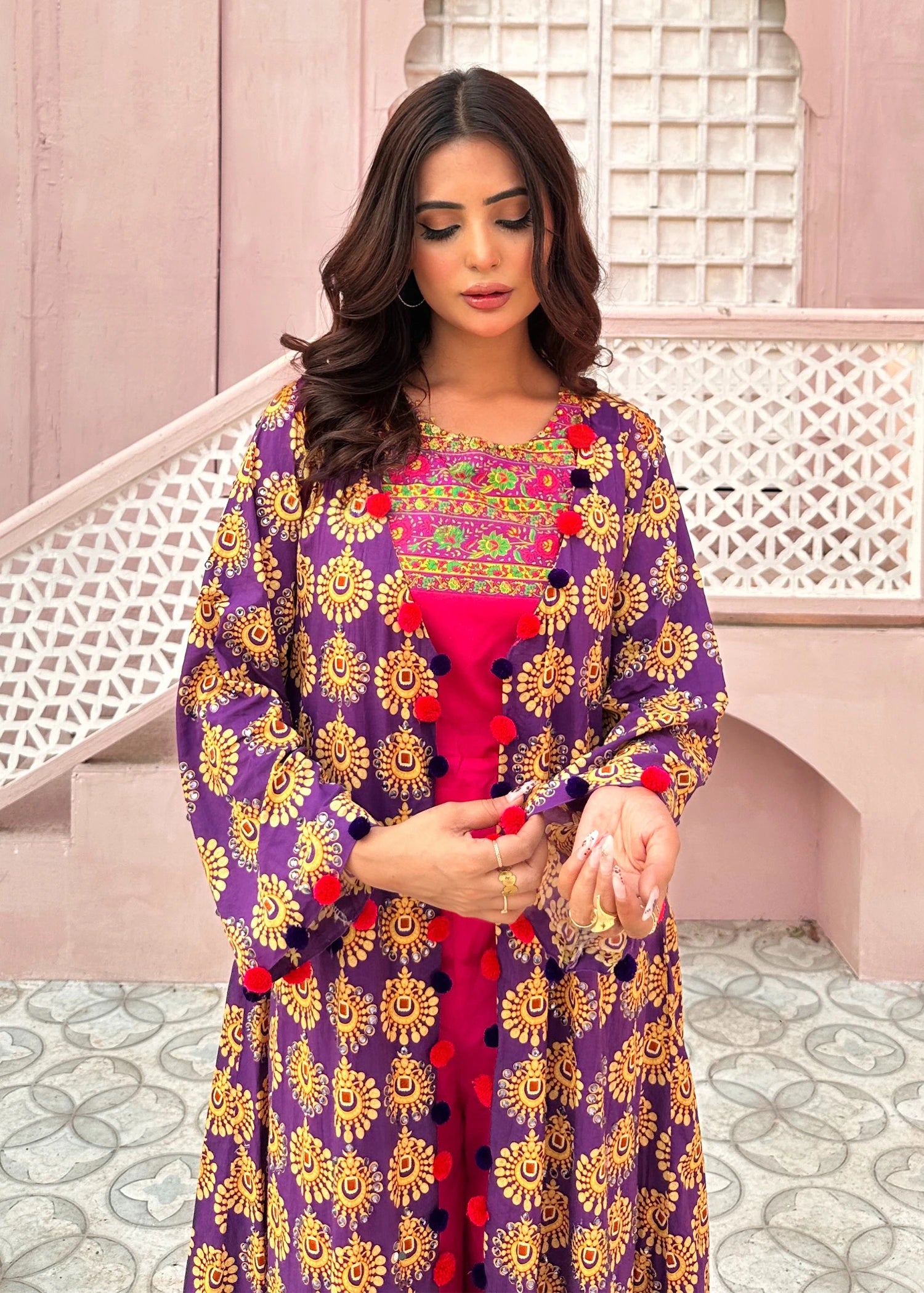 lawn Gown in Shocking pink, royal lilac