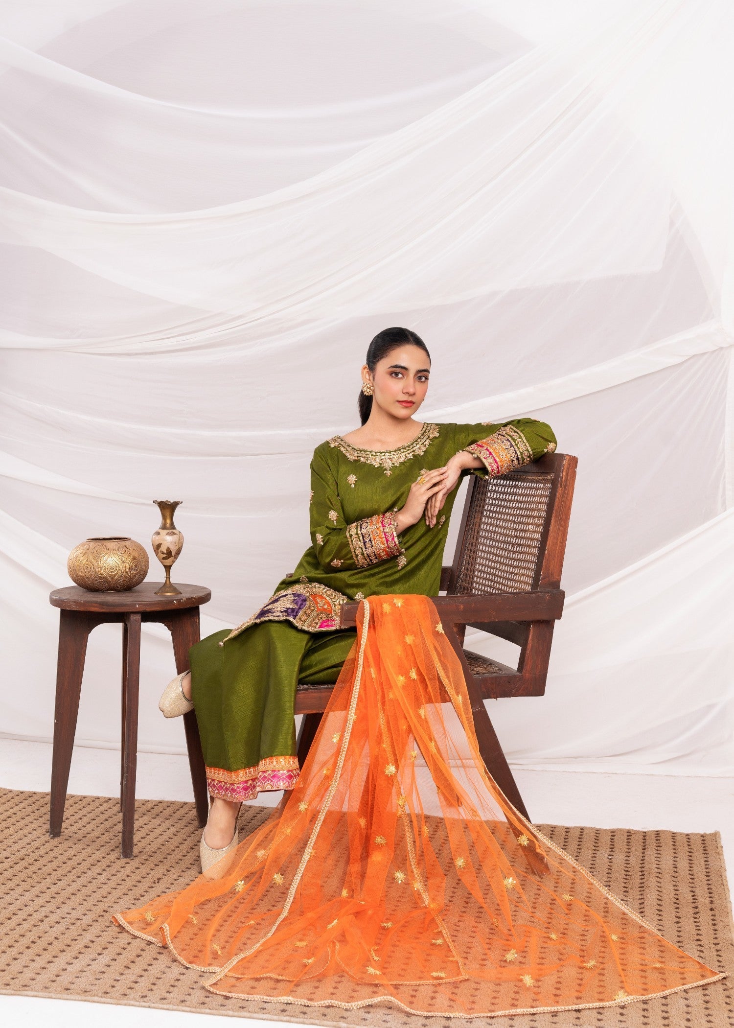 raw silk Sharara in Olive green