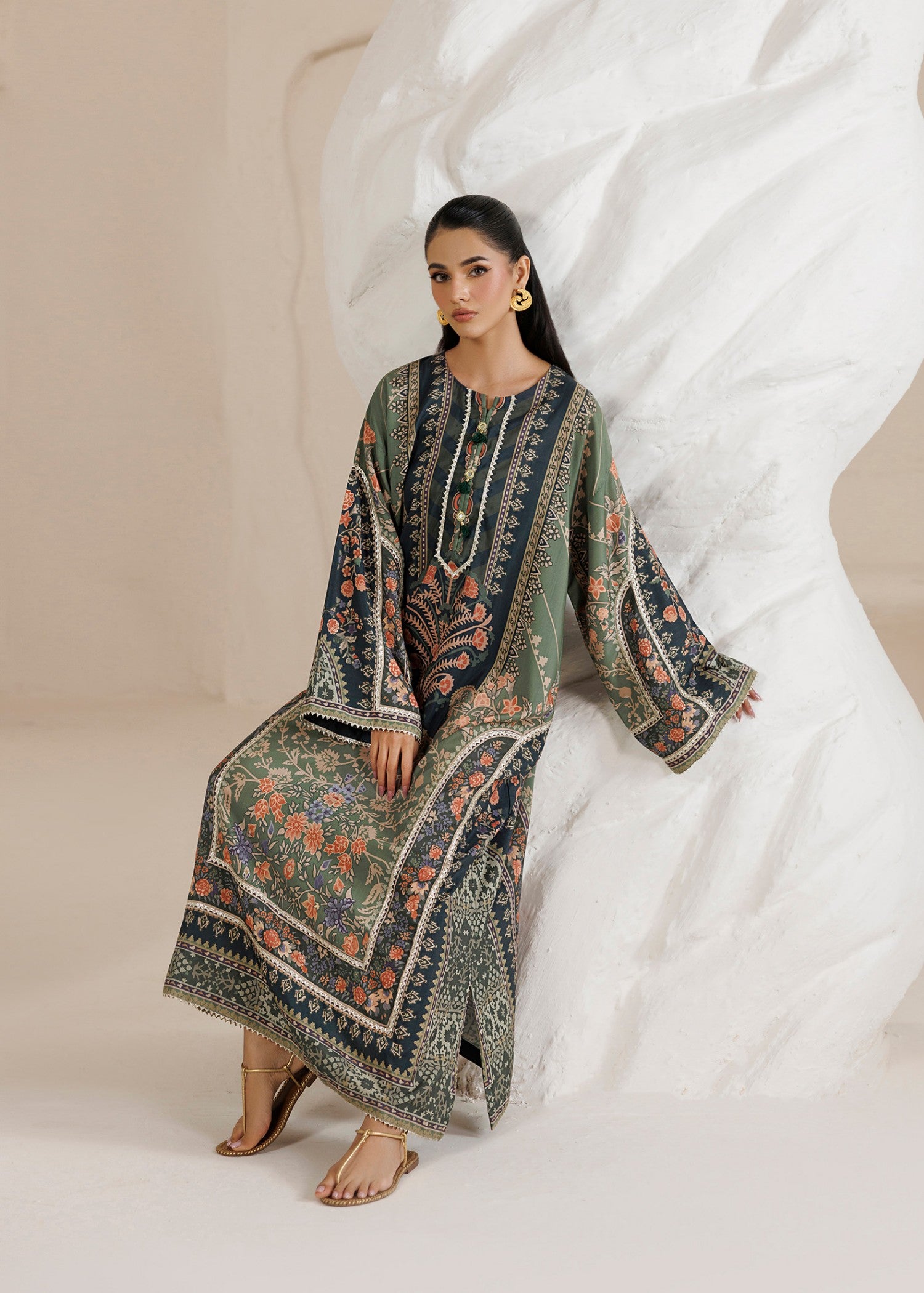 raw silk Kaftan in Avocado green