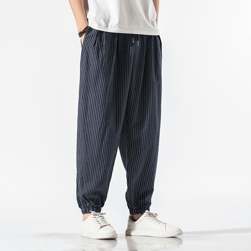 Chinese Style Cotton and Linen Casual Pants Men'S Loose Striped Wide-Leg Lamp