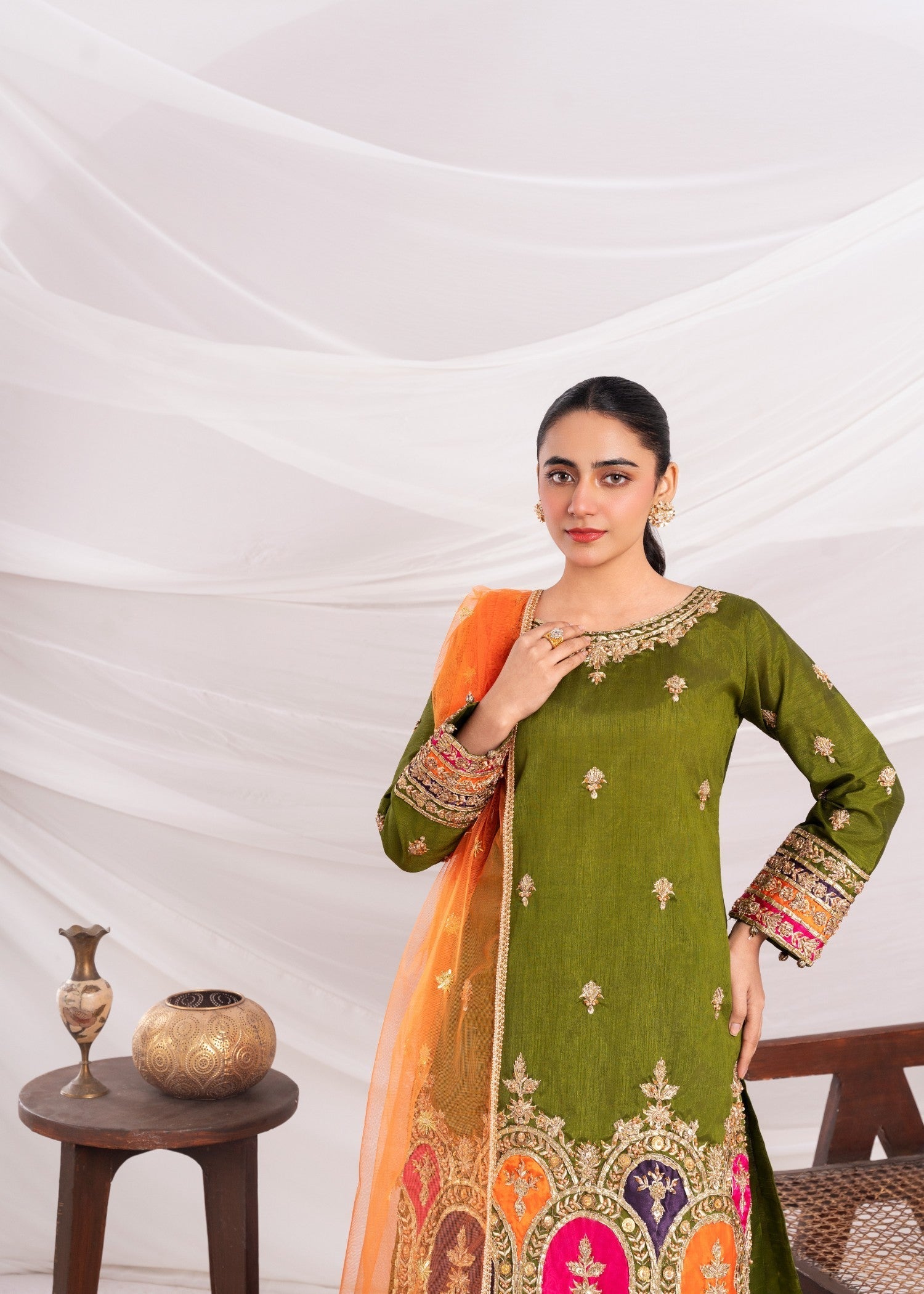 raw silk Sharara in Olive green
