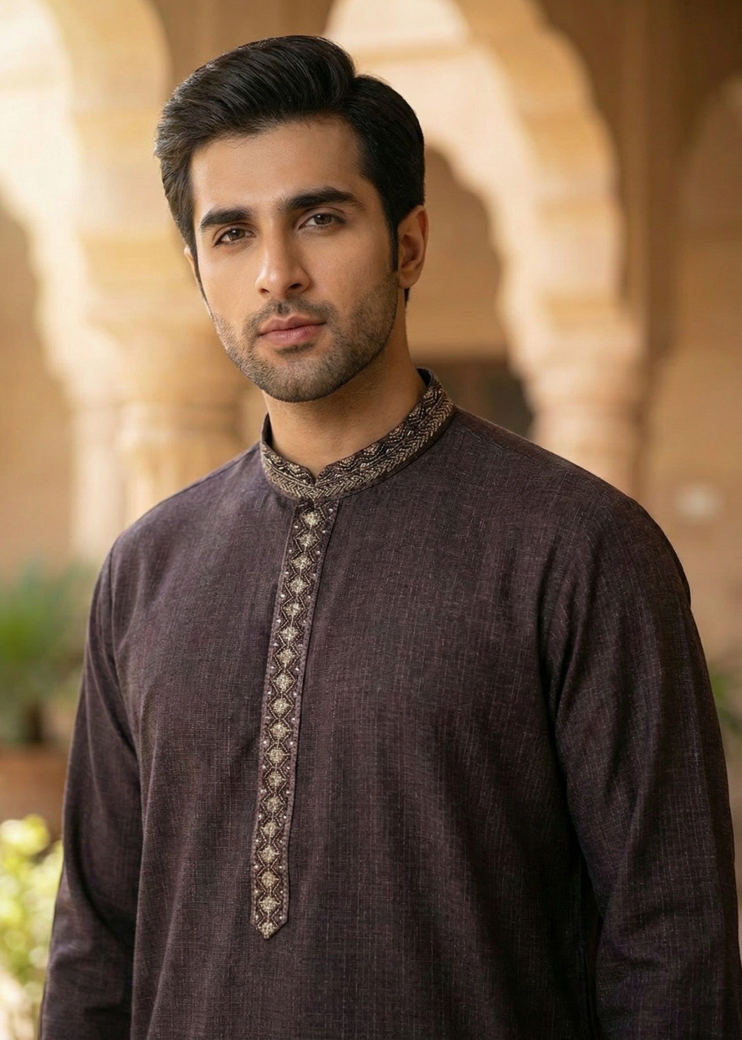 textured wash & wear Shalwar Kameez in Brown