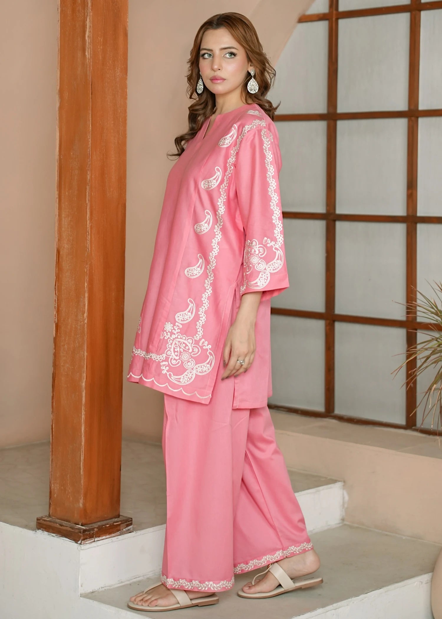 lawn cotton Kurta Set in Salmon pink