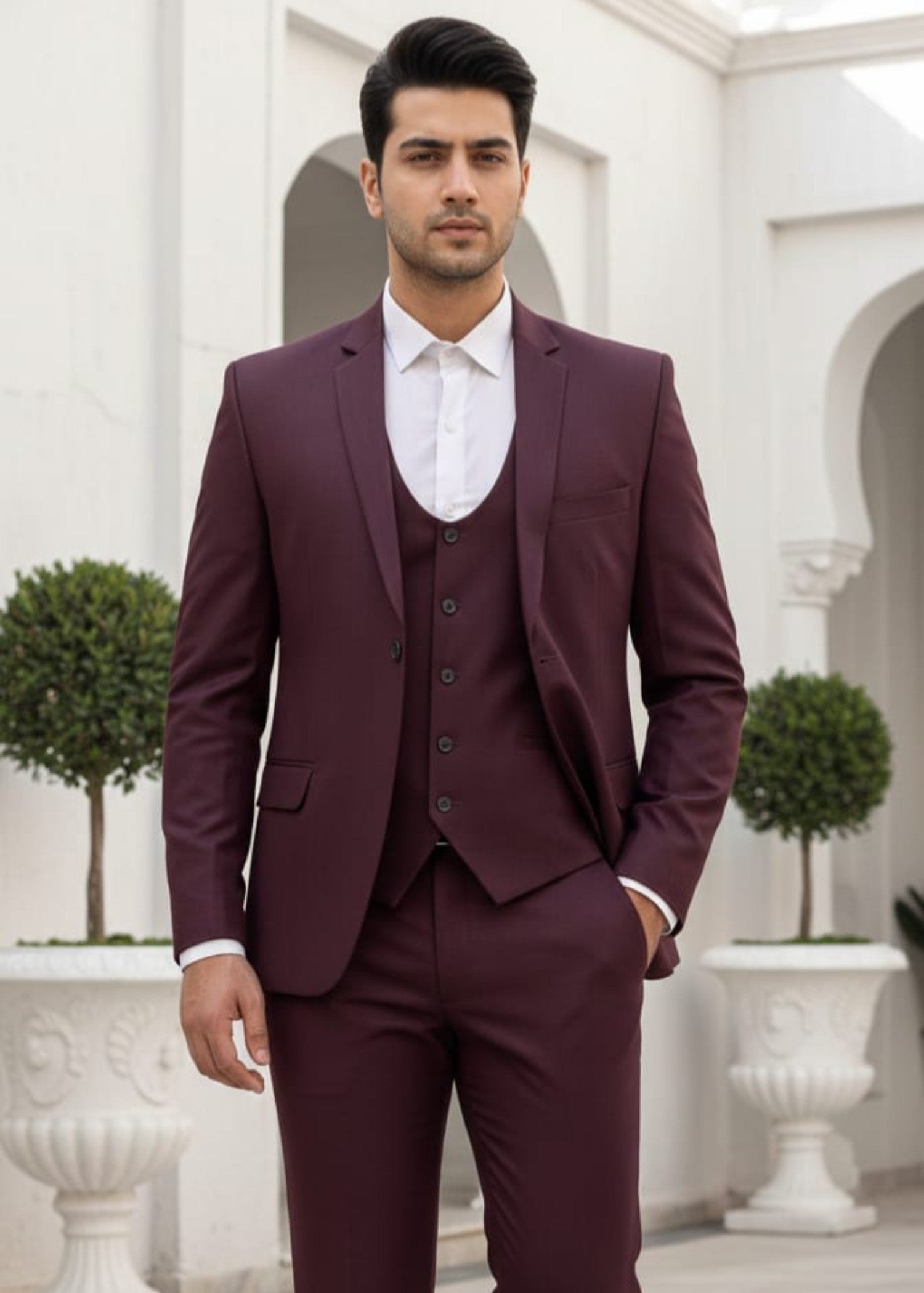 tropical Suits in Burgundy