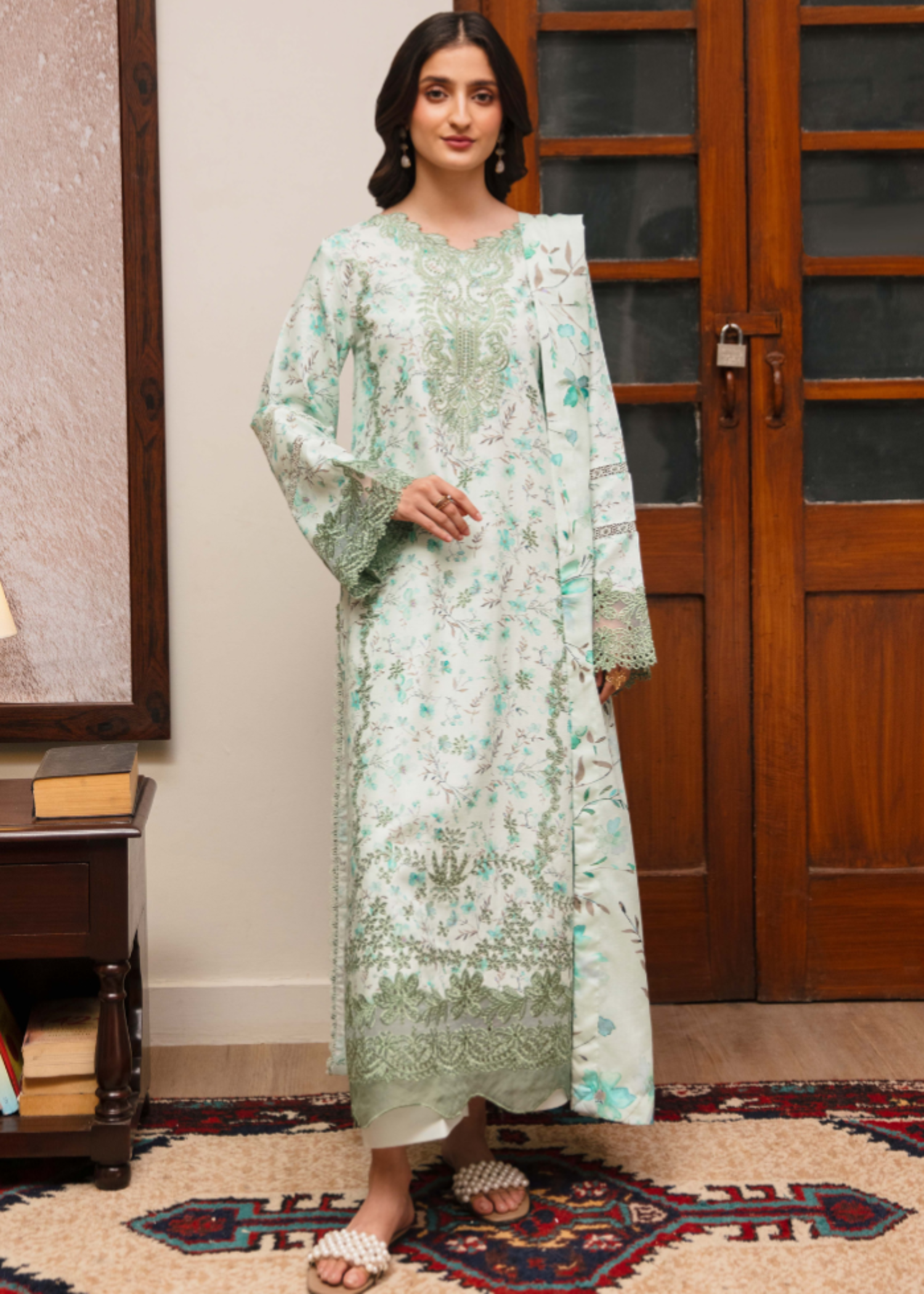 karandi Unstitched in Mint green
