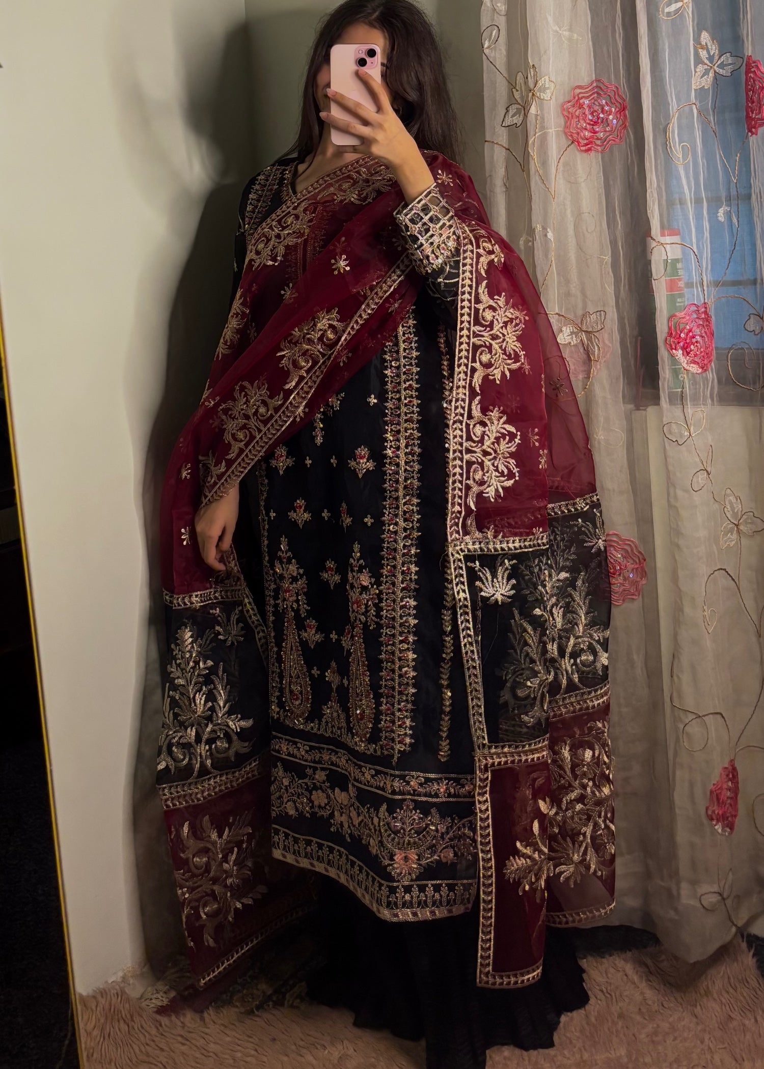 organza Sharara in Maroon, black