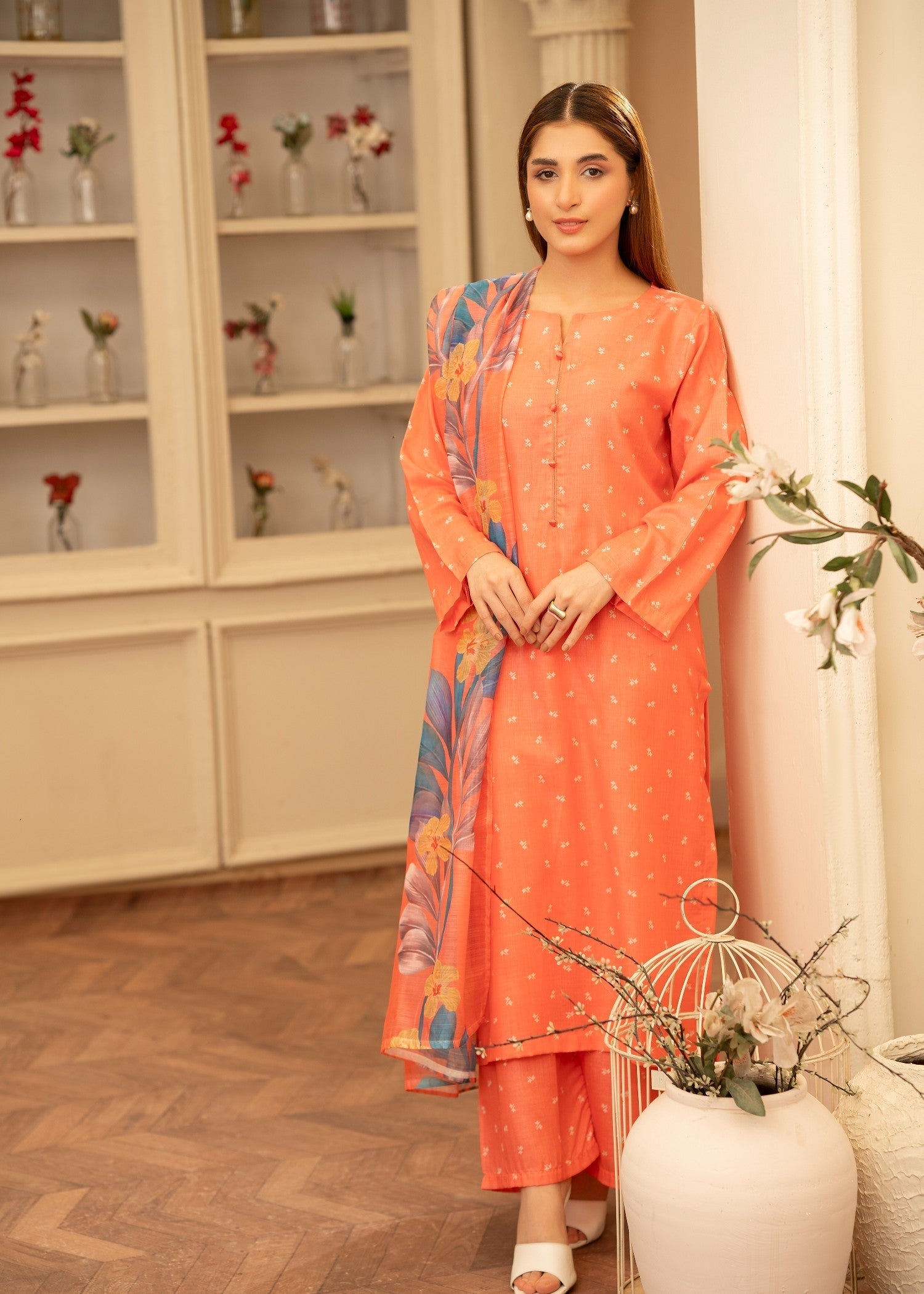 poly lawn Kurta Set in Coral pink