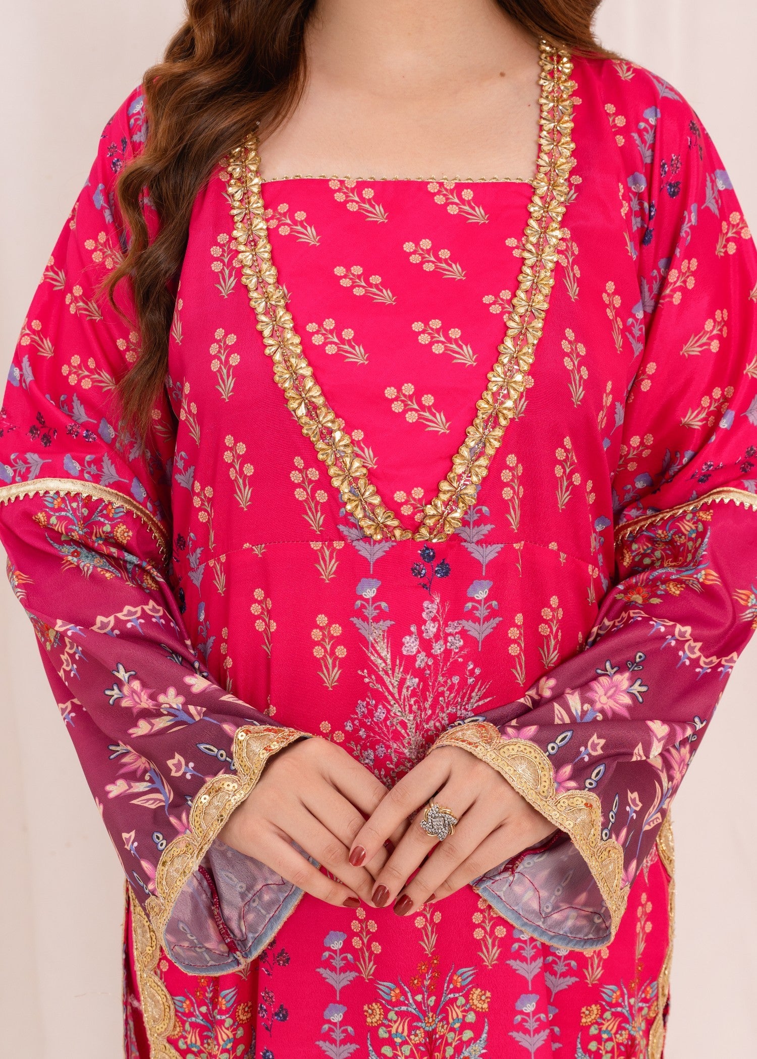 silk crepe Kurta Set in Fuchsia pink