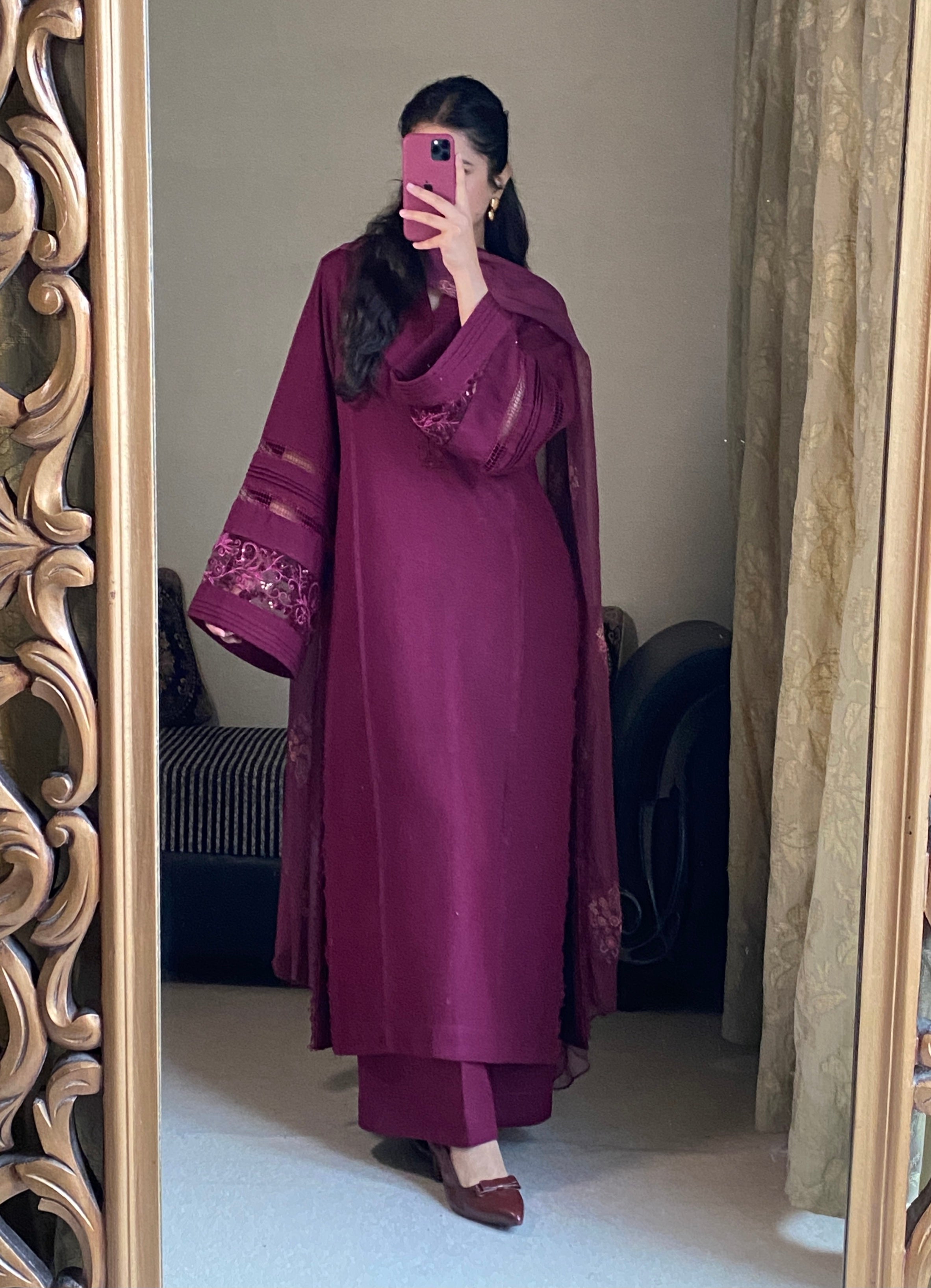 lawn cotton Kurta Set in Plum
