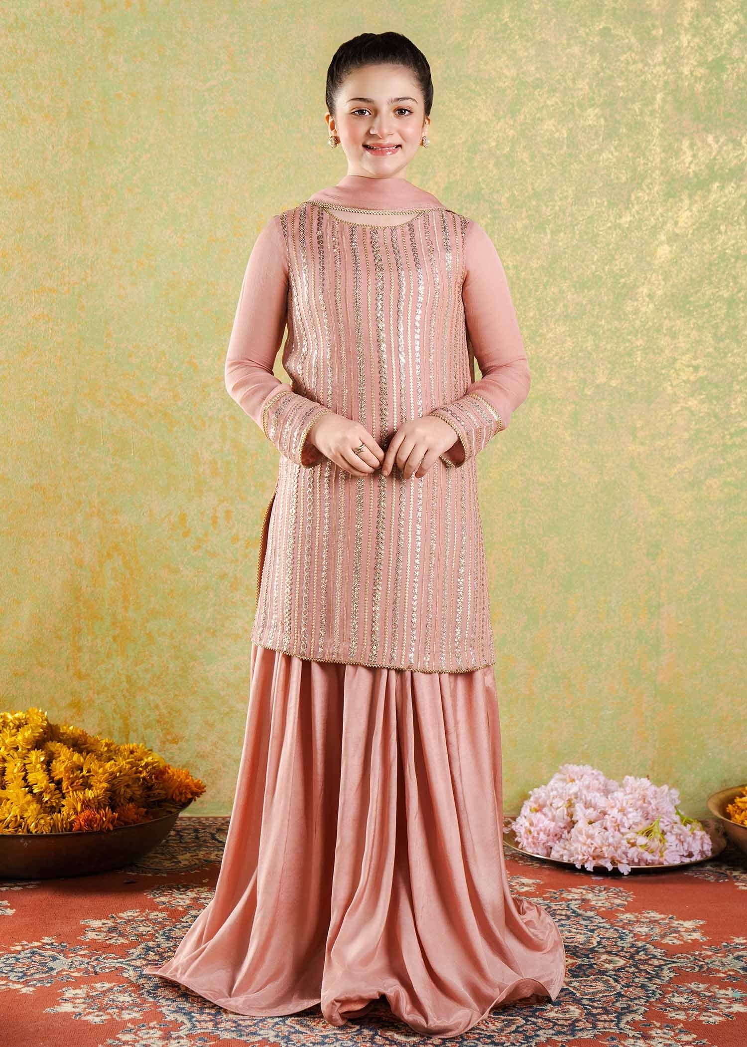 chikankari cotton Sharara in Peach pink