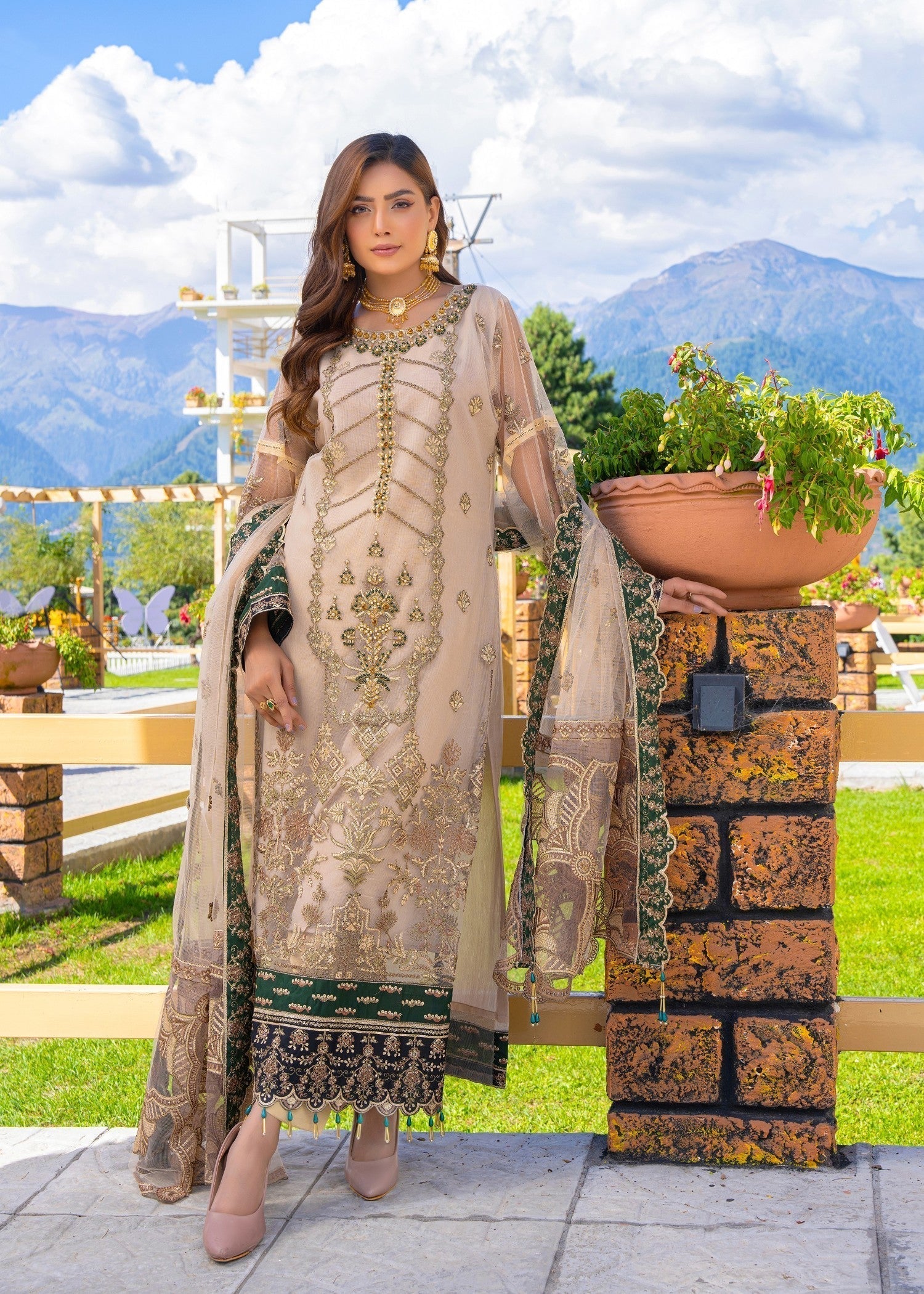 net Kurta Set in Tan brown