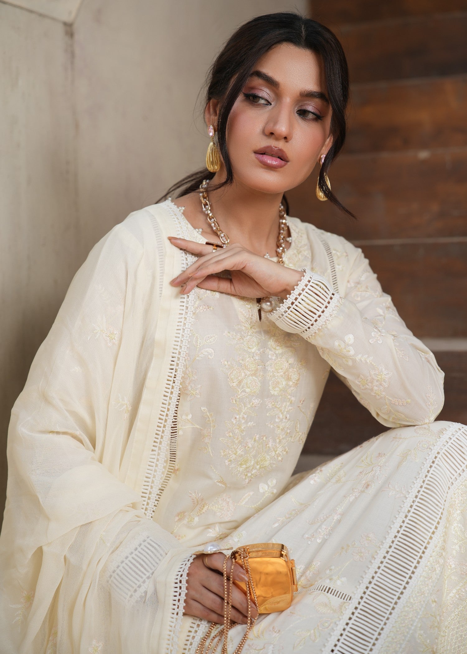 lawn Kurta Set in Off-white, goldfish orange
