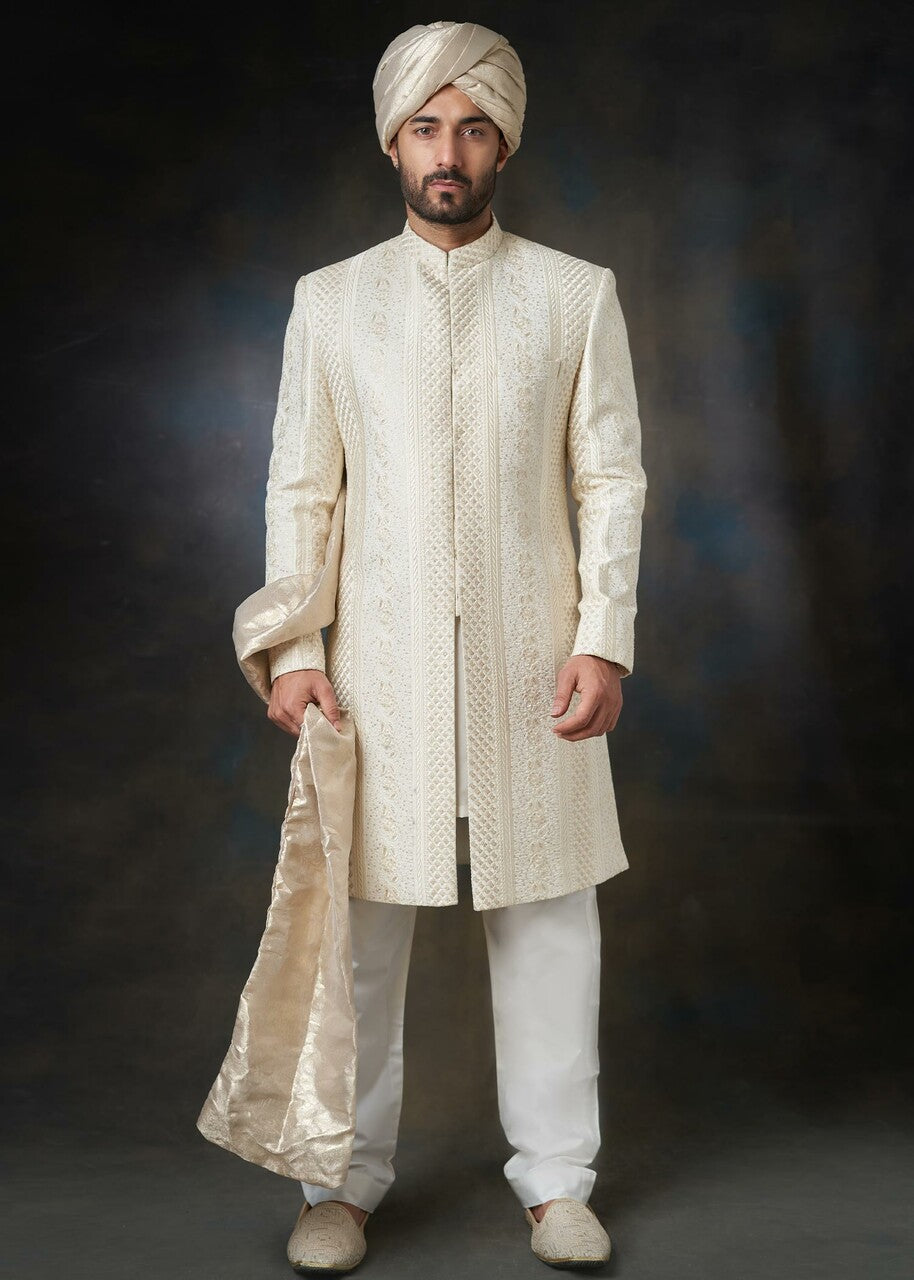 viscose raw silk Sherwani in Ivory