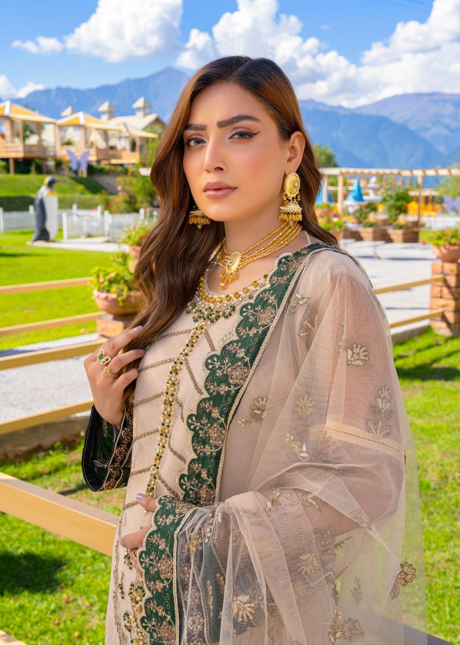 net Kurta Set in Tan brown