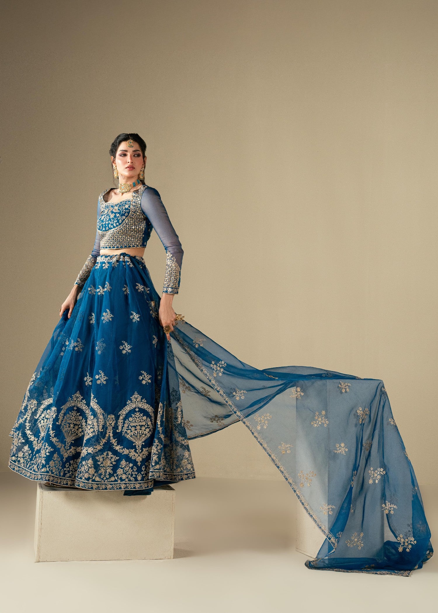 organza Lehenga in Sapphire blue