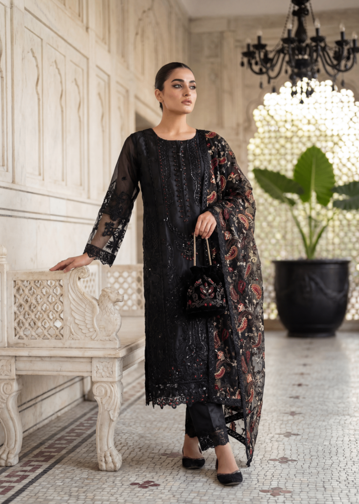 net Kurta Set in Black