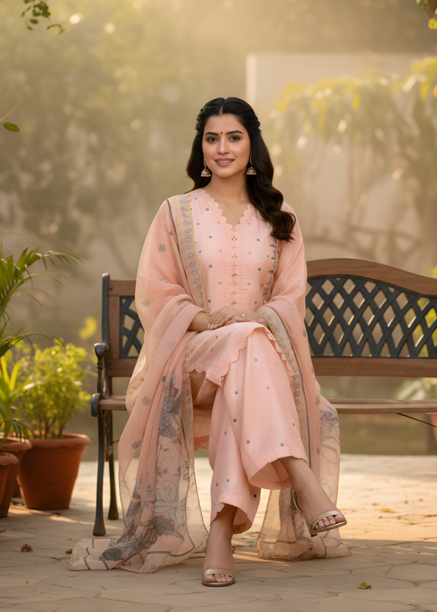 jacquard viscose Kurta Set in Peach pink