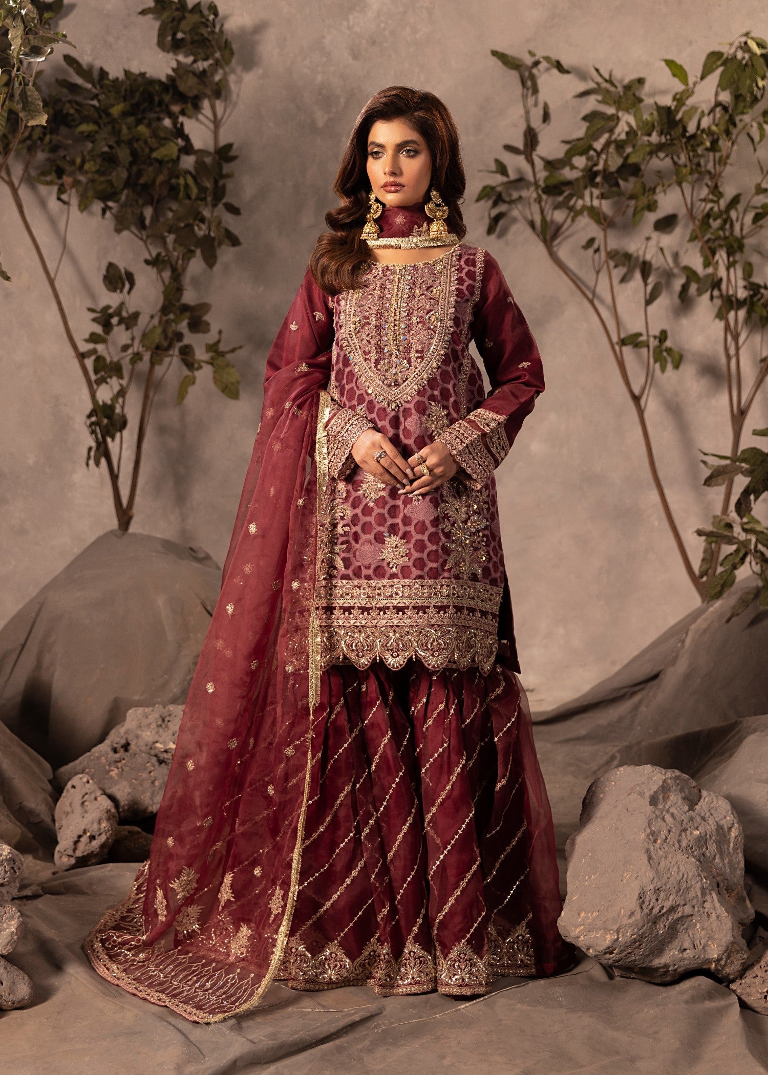 organza Gharara in Maroon