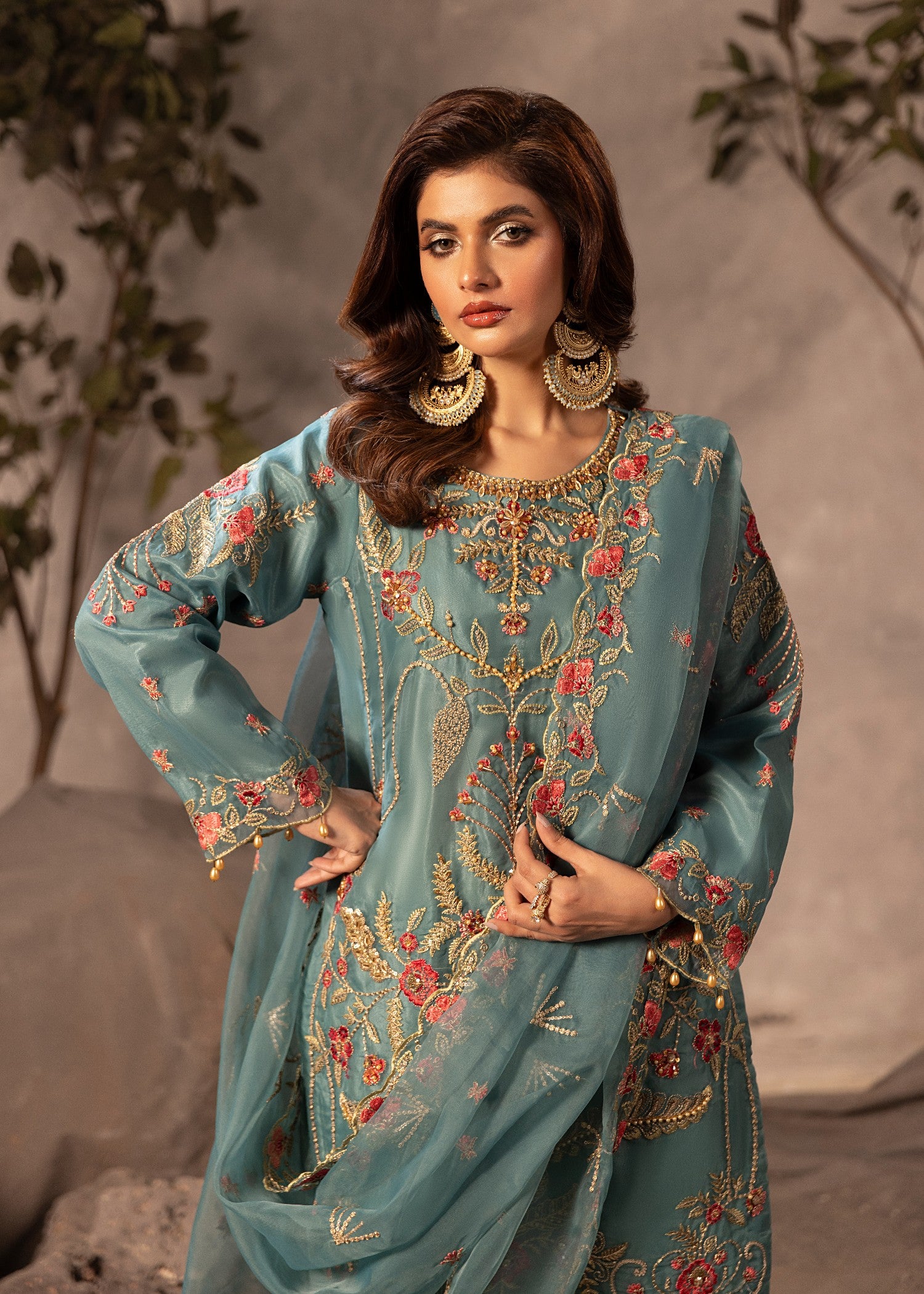 organza Gharara in Aquamarine