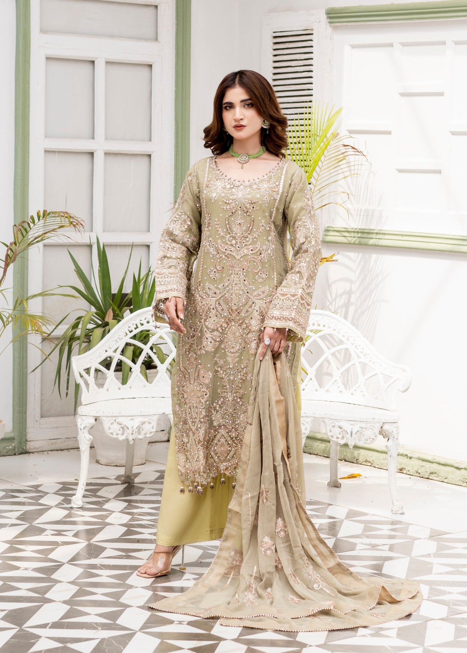 chiffon Kurta Set in Sage green