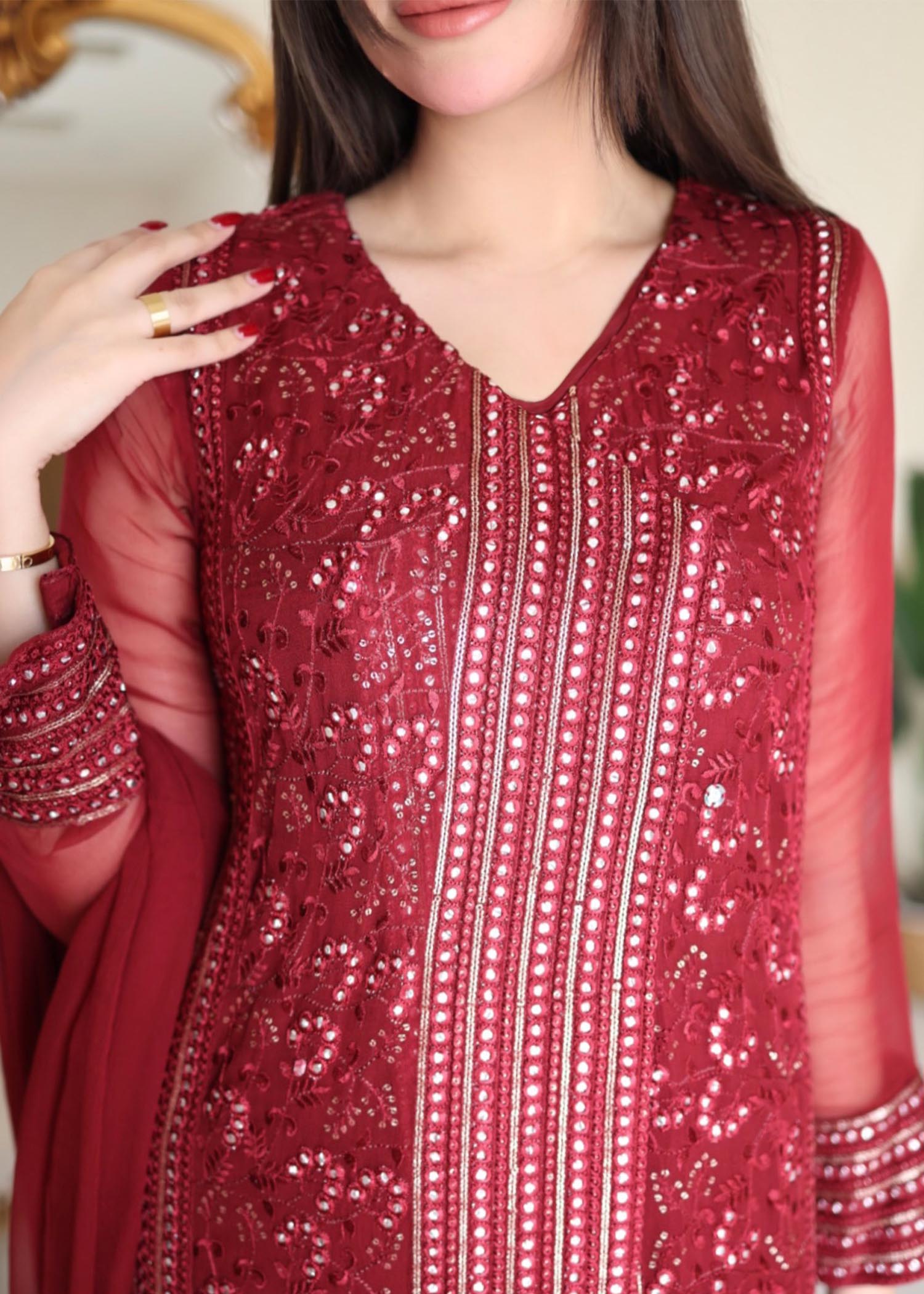 chikankari cotton Angrakha in Maroon