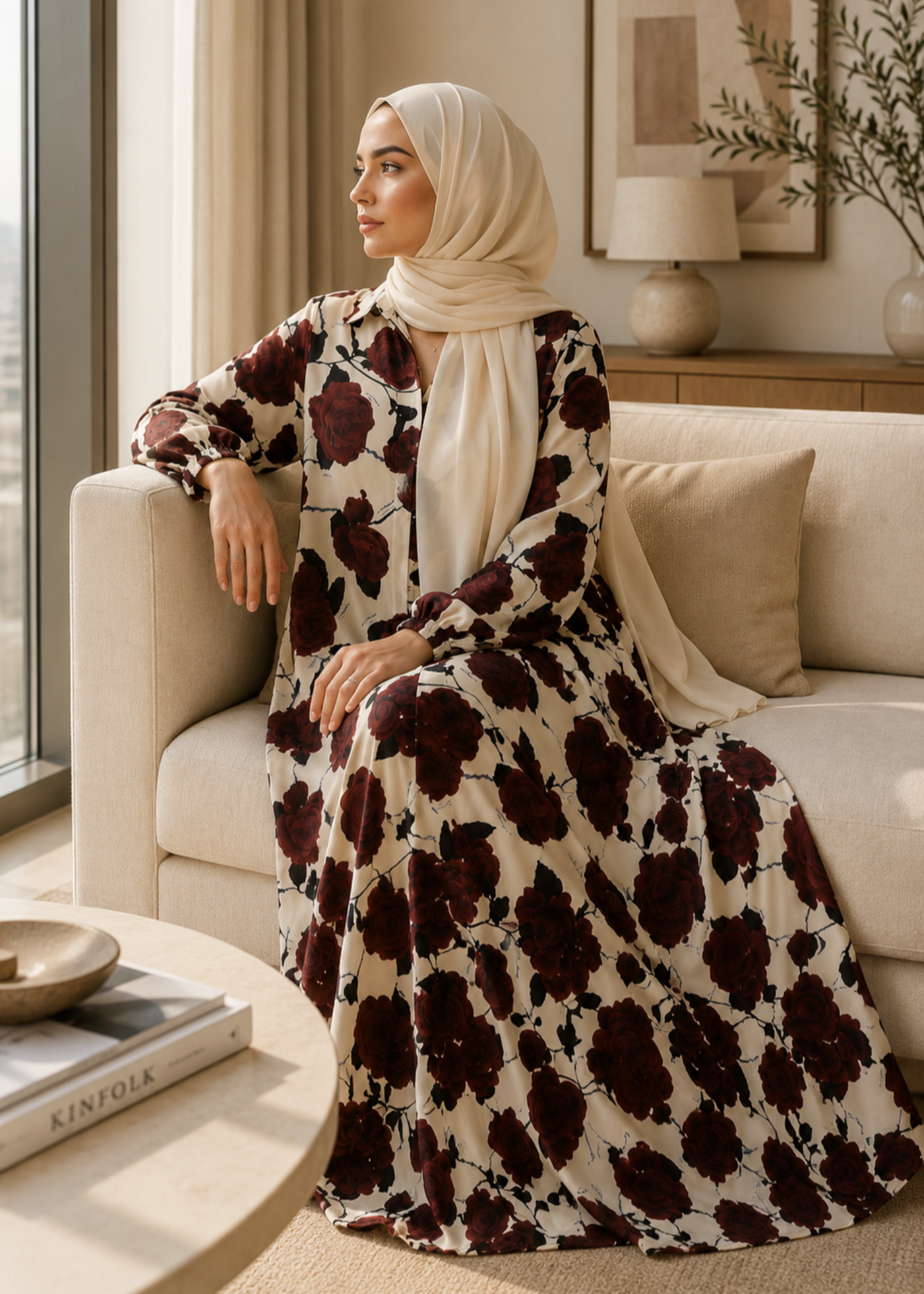 lawn Abaya in Ivory, burgundy
