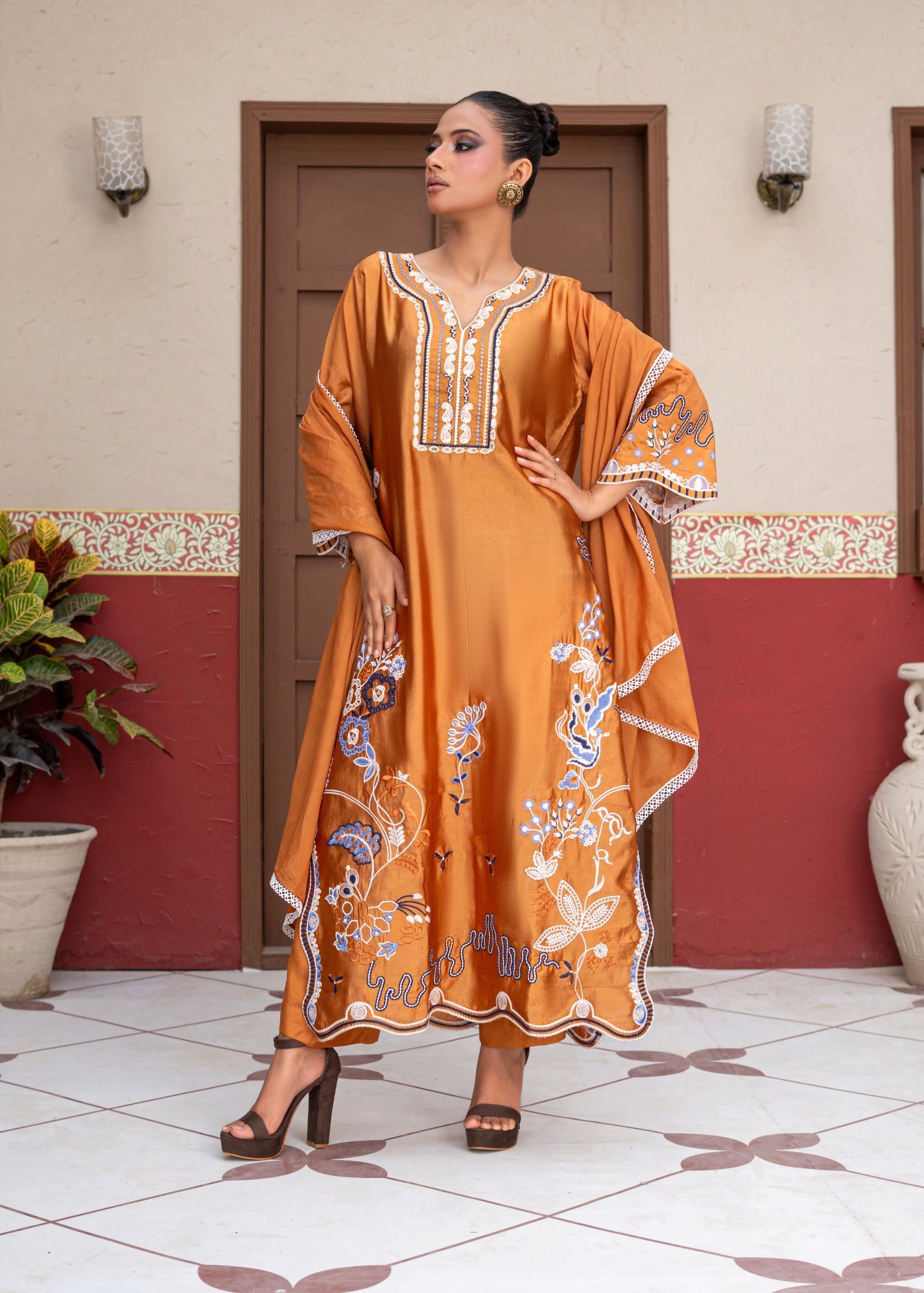 raw silk Kaftan in Mustard, yellow-orange