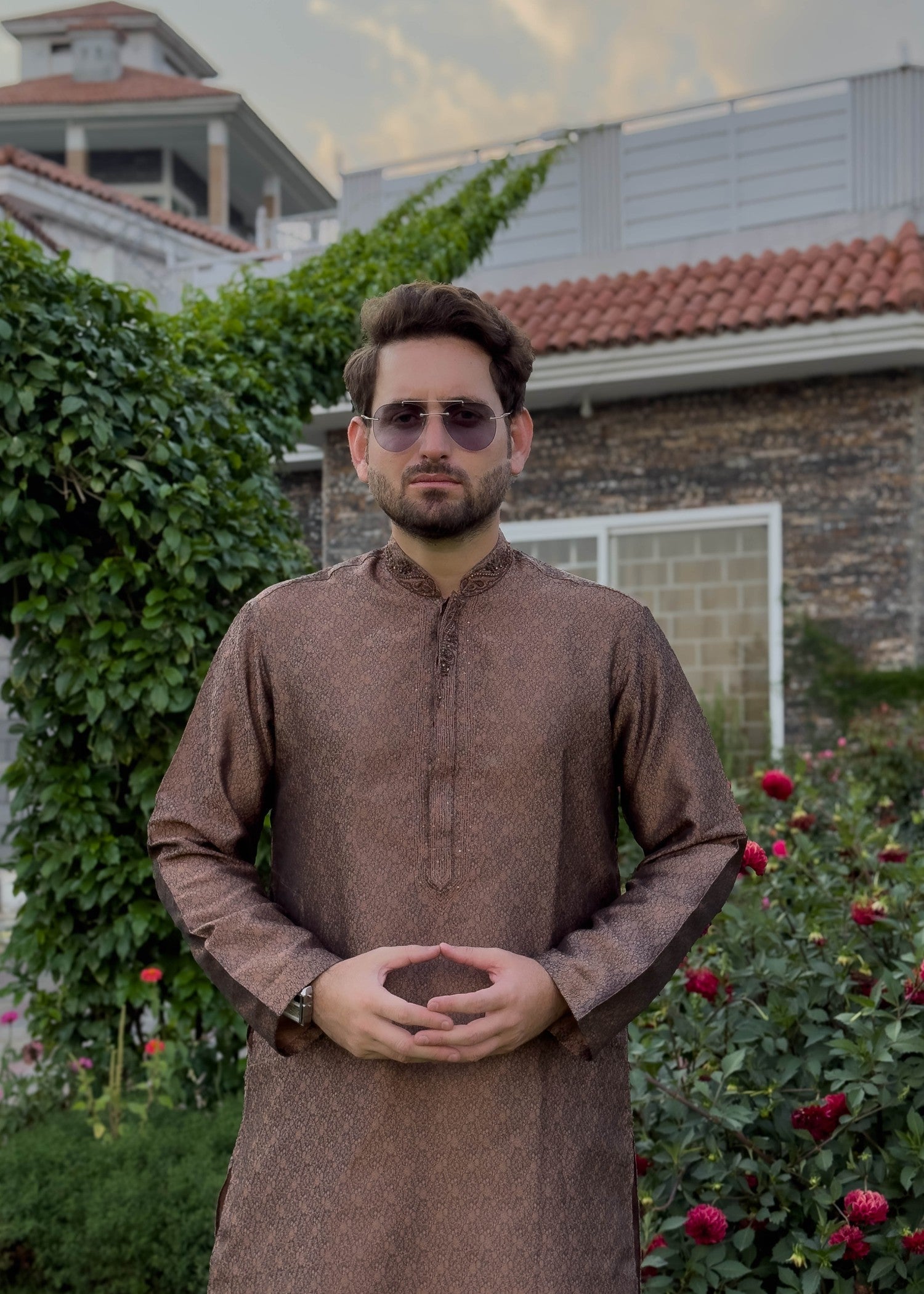 traditional jamawar Kurta in Golden brown