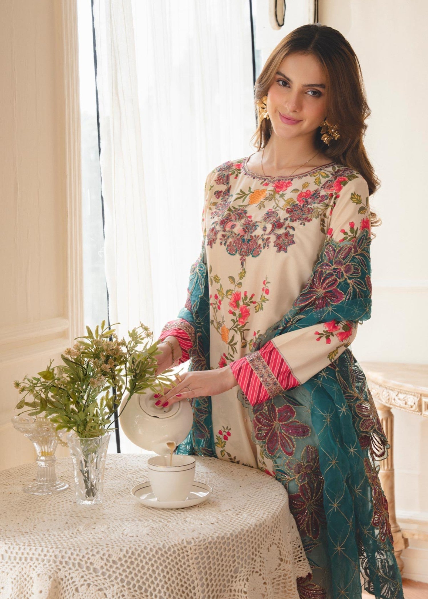 poly lawn Kurta Set in Teal, red, off-white