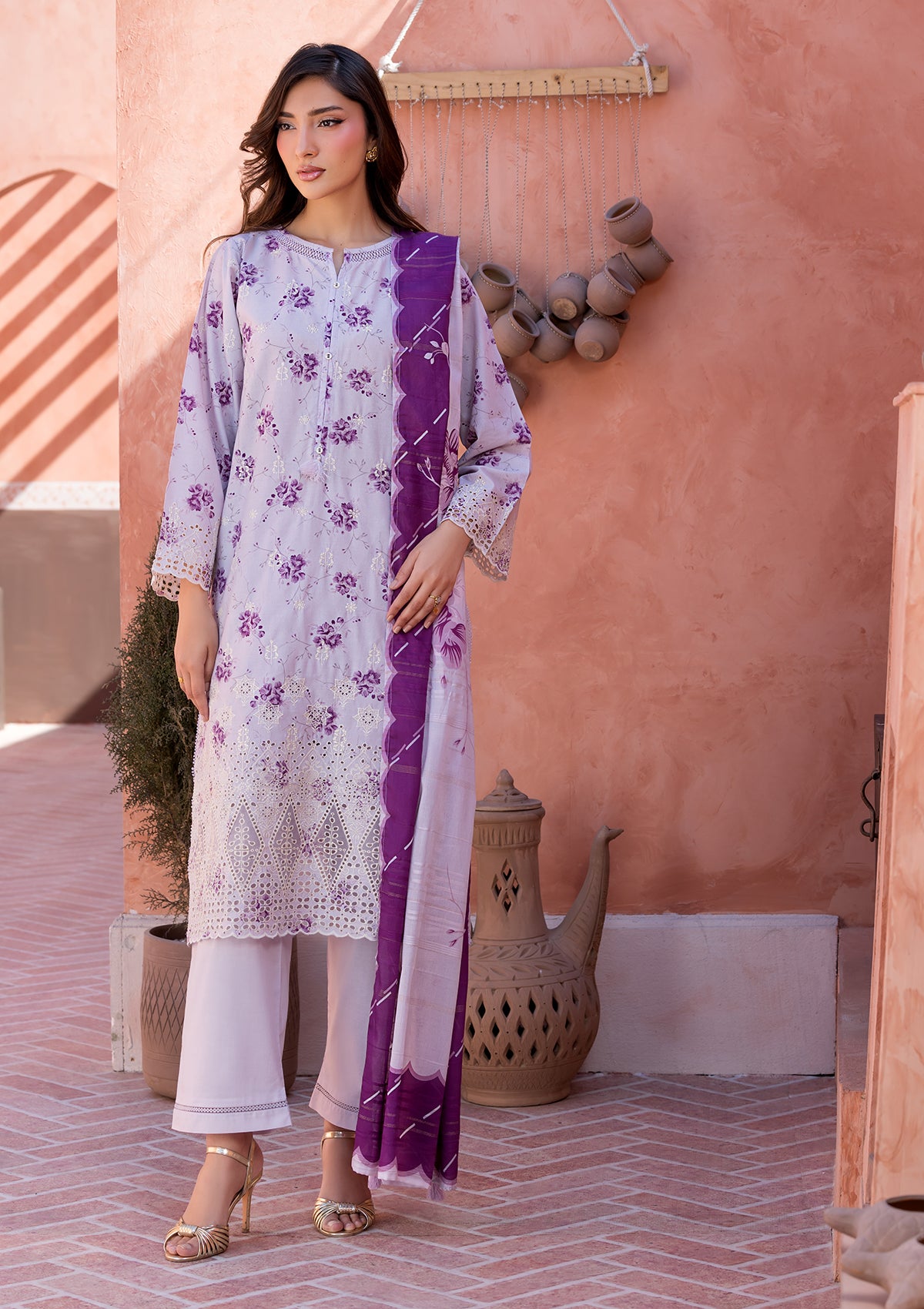 lawn Kurta Set in Purple taupe