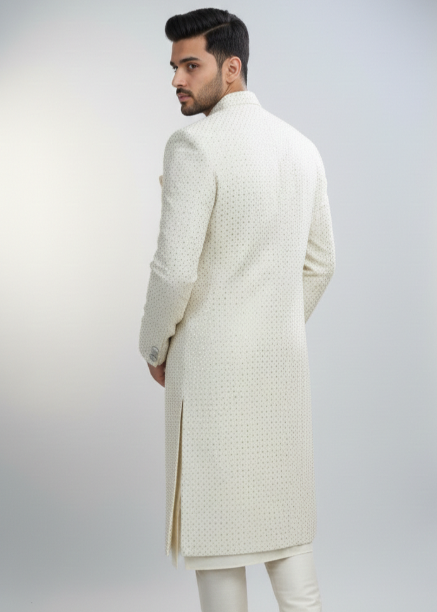 silk Sherwani in White, gold