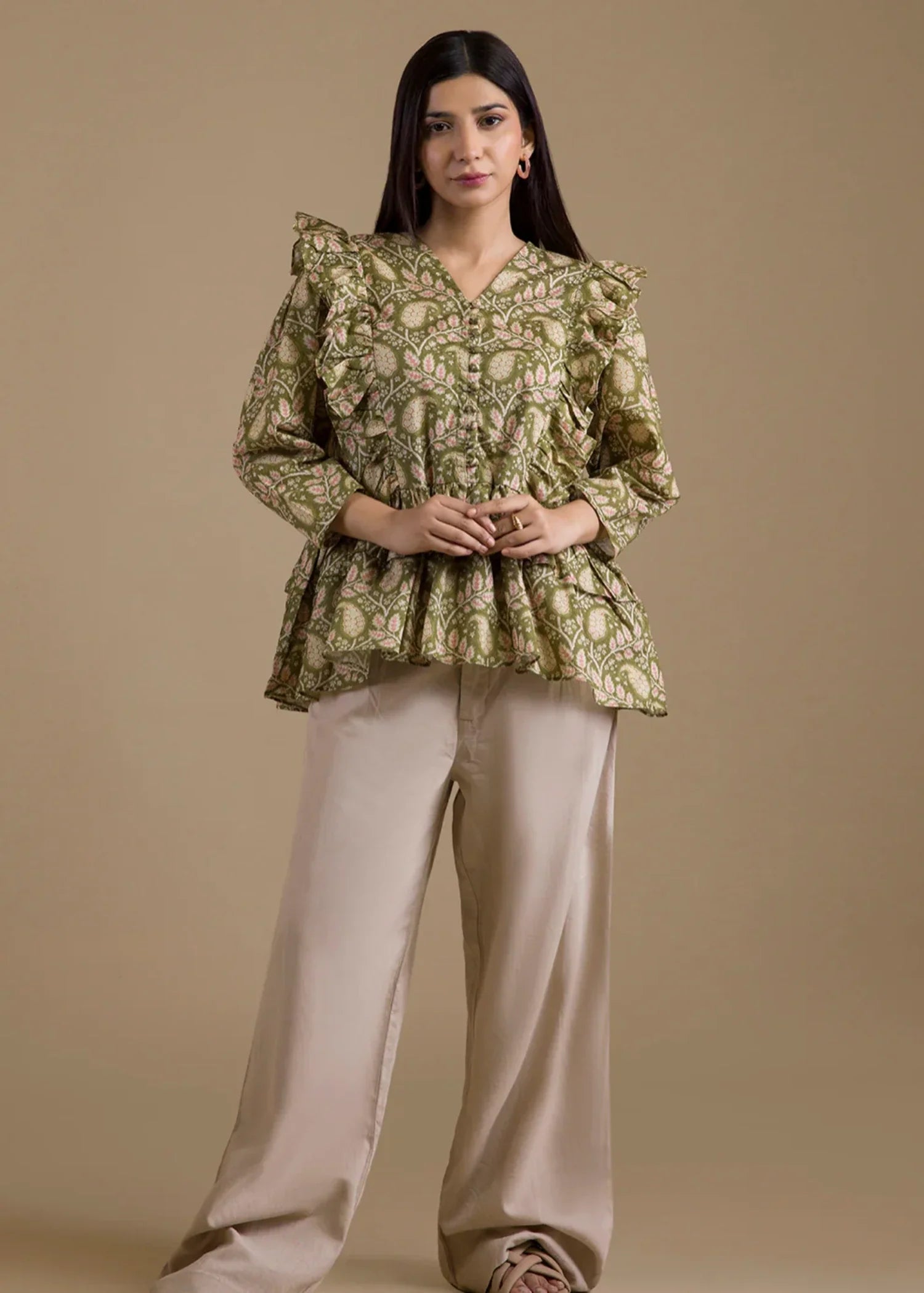 cambric Short Frock in Olive green