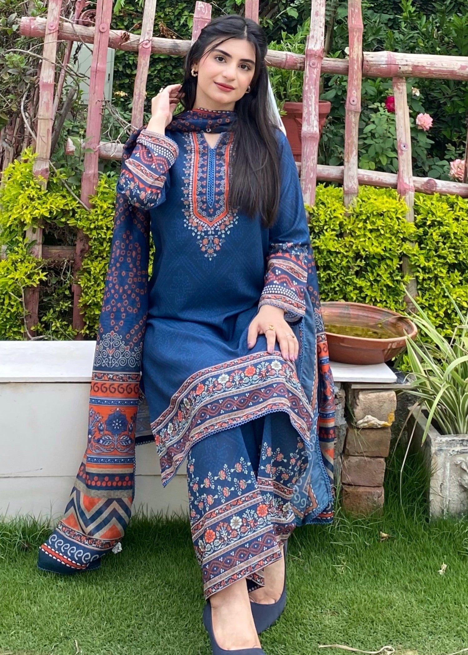 silk finish lawn Kurta Set in Blue