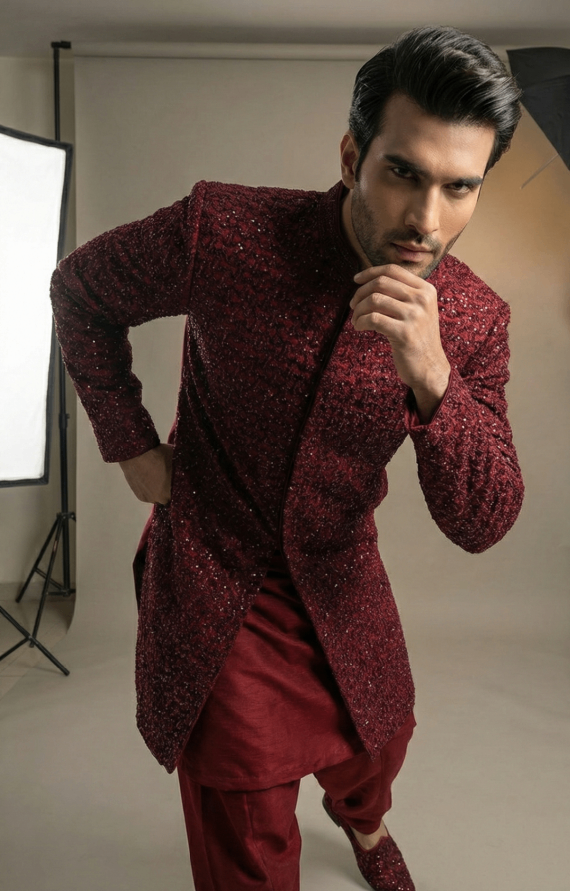 jamawar Sherwani in Black, maroon