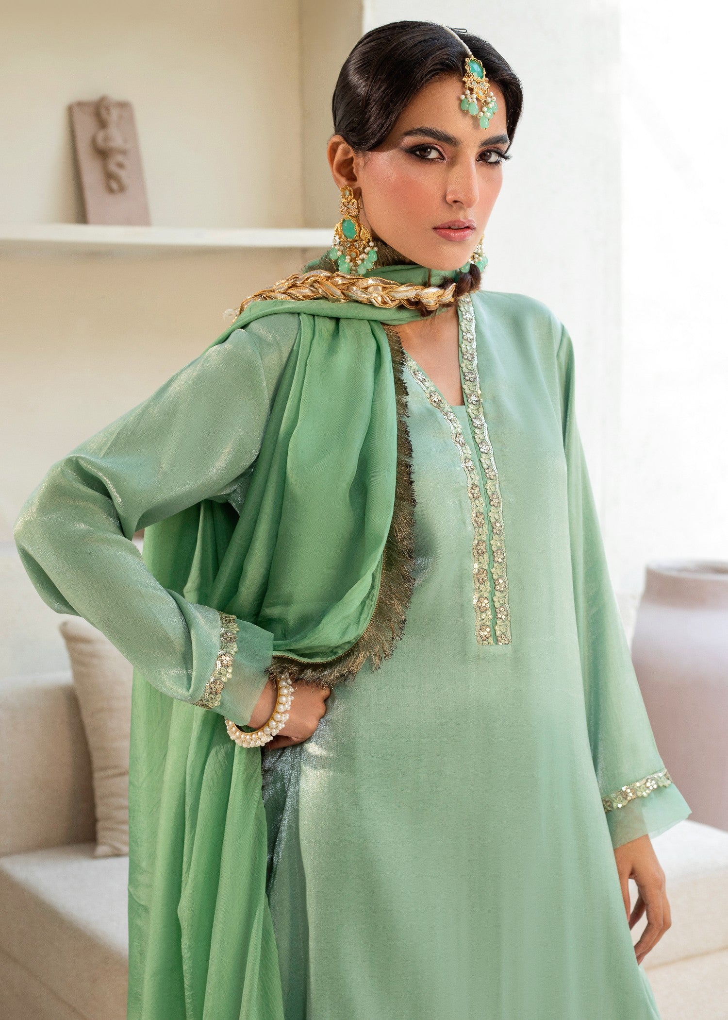 cotton silk Kurta Set in Pistachio green